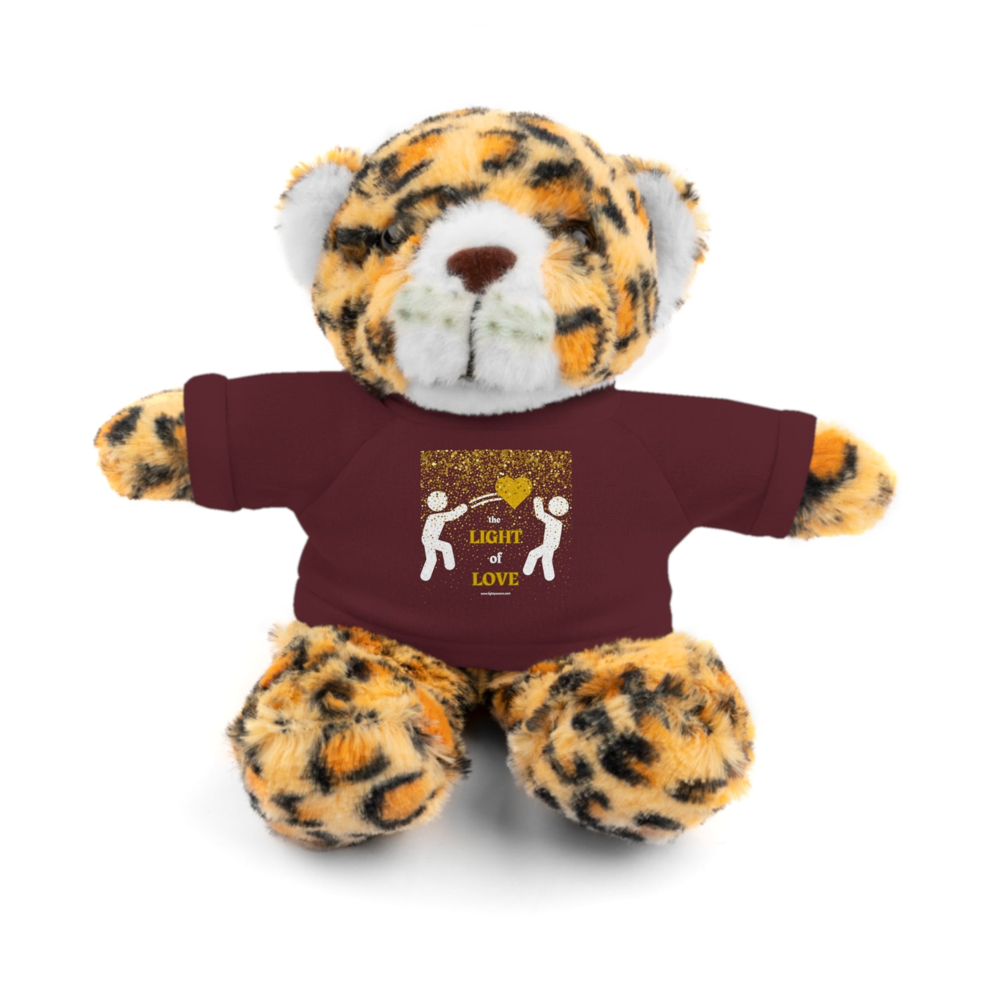 Stuffed animal wearing a customizable tee, part of Toss the Light of Love collection, 8 tall, polyester and plastic pellet stuffing, for ages 3+.