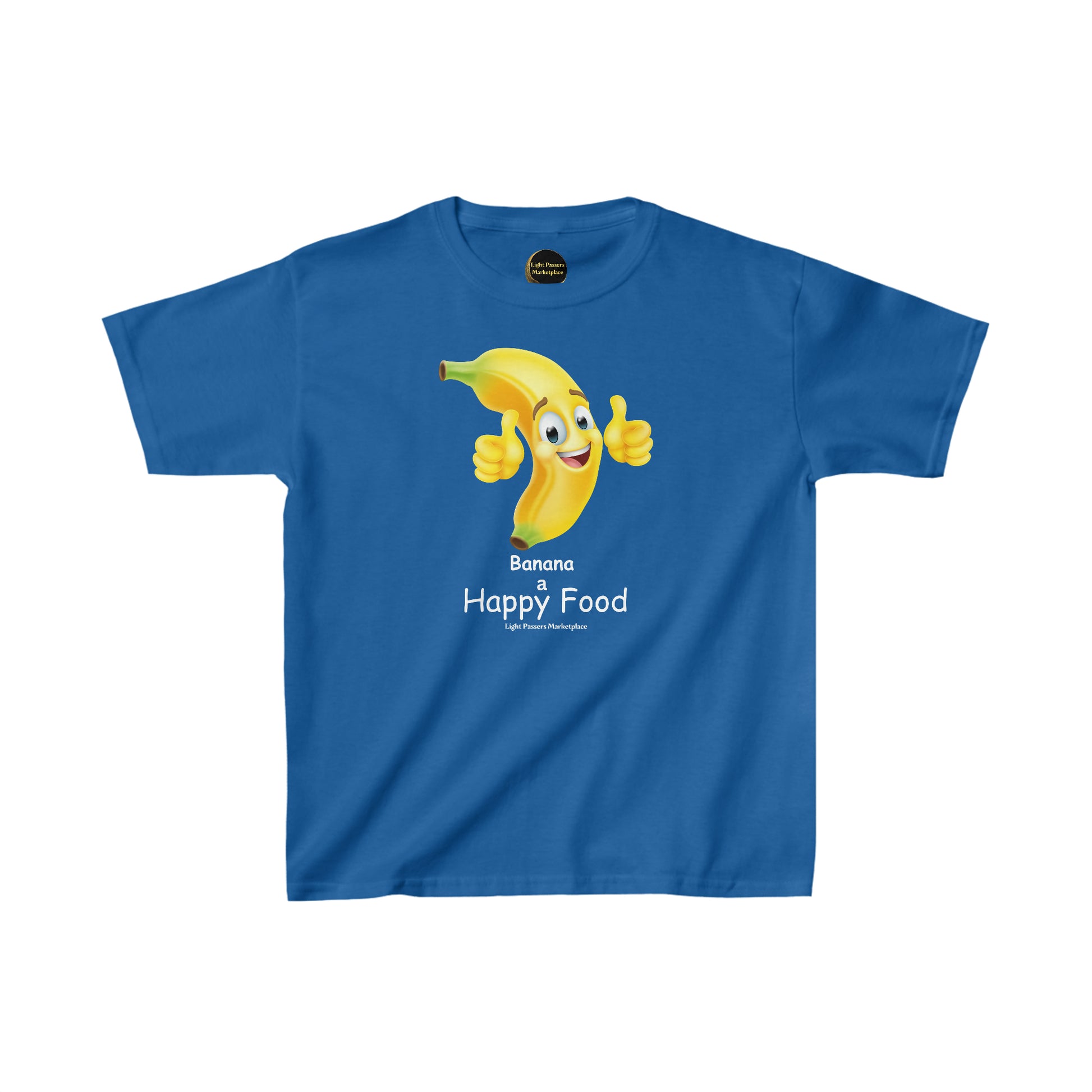 Youth blue t-shirt featuring a cartoon banana with a thumbs up, made of 100% cotton for durability and comfort. Ribbed collar, tear-away labels, and ethically sourced US cotton.