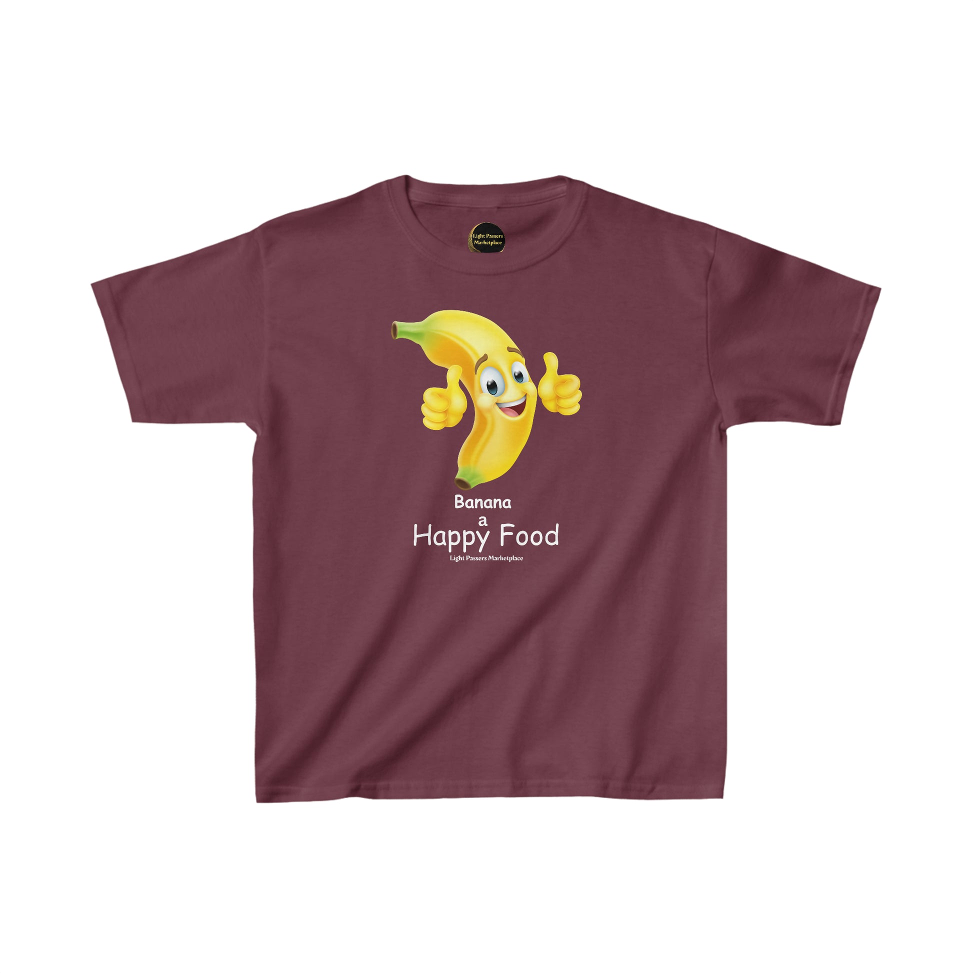 Youth purple t-shirt featuring a cartoon banana giving a thumbs up. Made of 100% cotton, with twill tape shoulders for durability and a curl-resistant collar. Ethically sourced and Oeko-Tex certified.