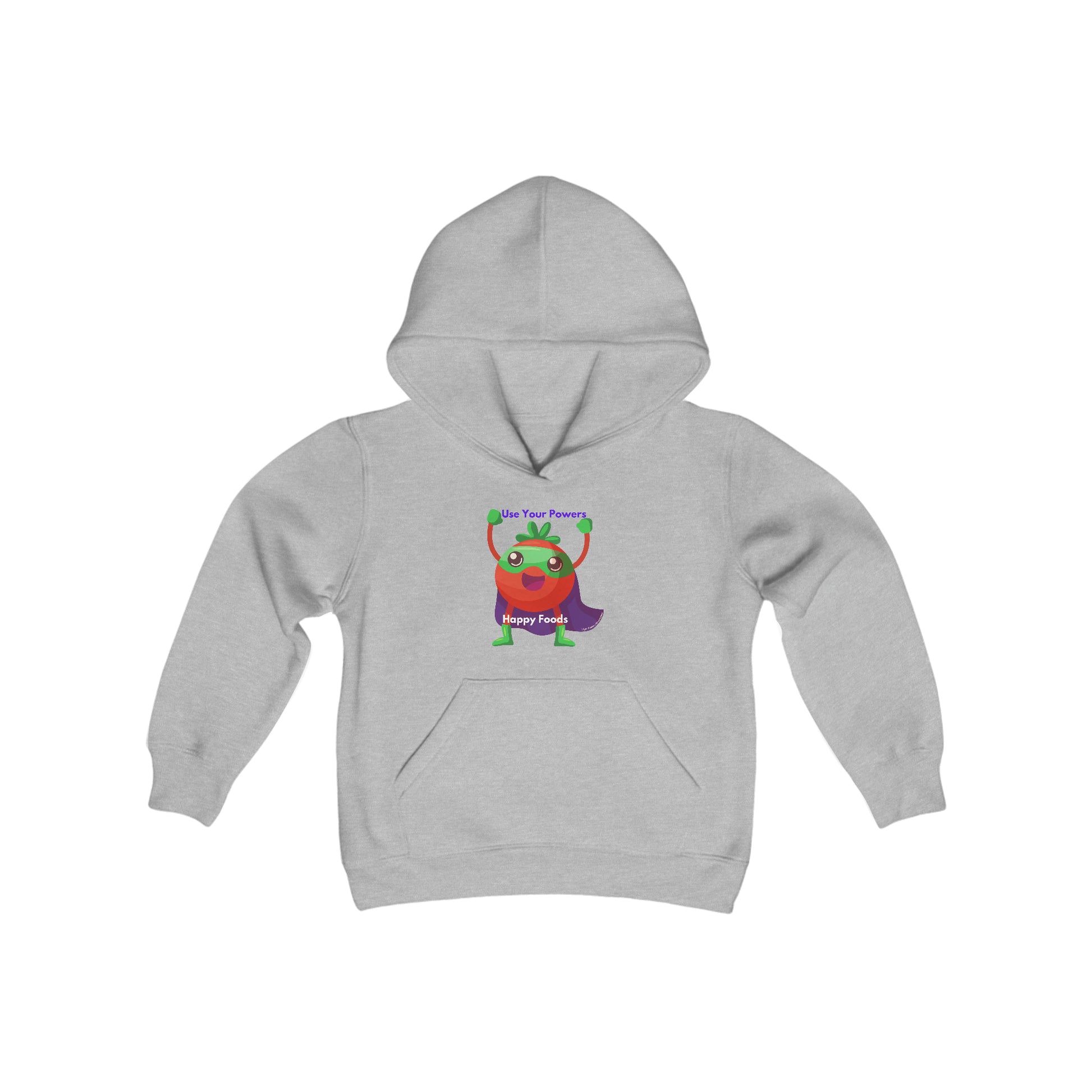 Youth hoodie featuring a grey sweatshirt with a cartoon character, Tomato Power Happy Food design. Kangaroo pocket, 50% cotton 50% polyester blend, soft fleece, twill taping, regular fit.
