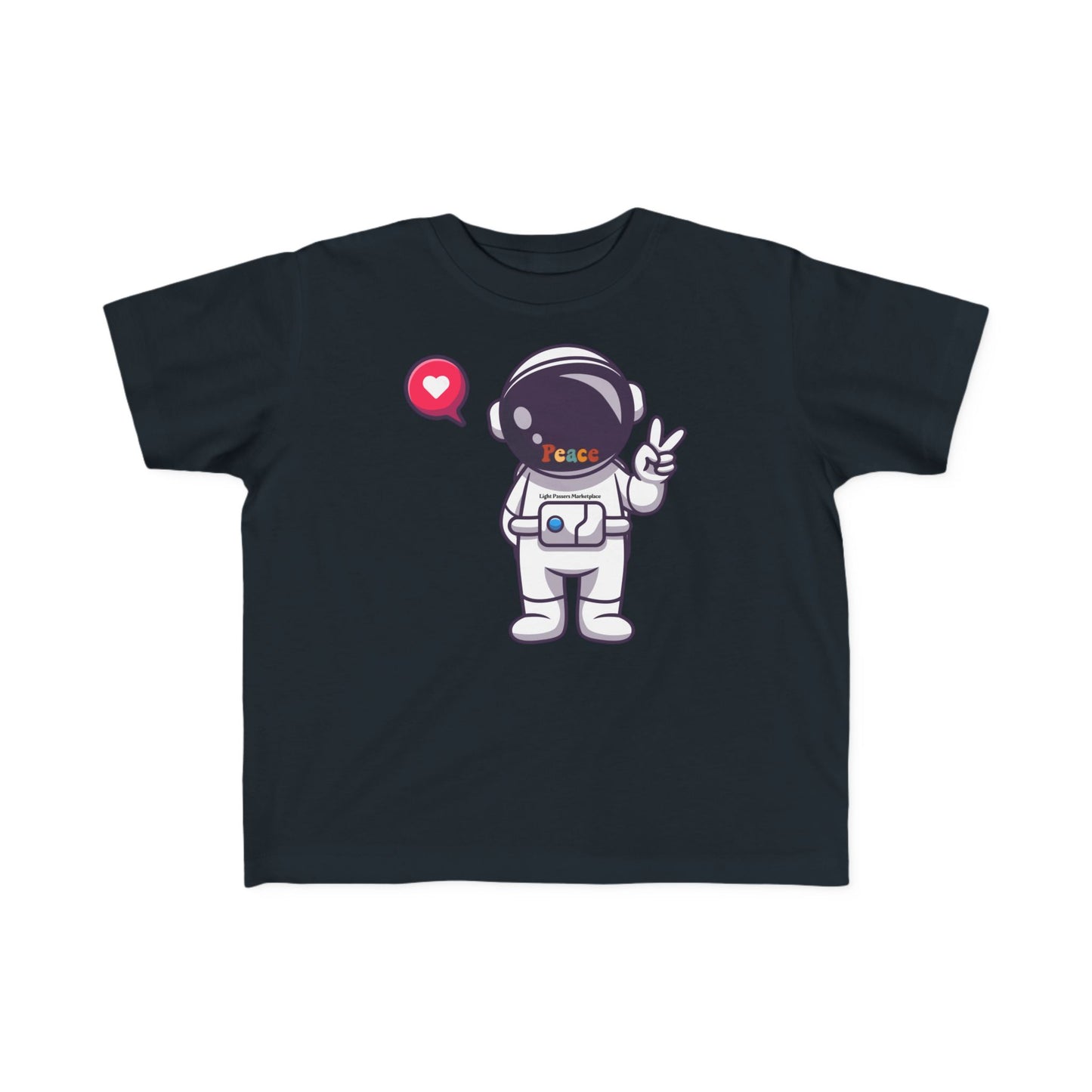 Peace Astronaut Toddler T-shirt featuring a playful chibi astronaut with a peace sign and Peace on the helmet; soft, durable, perfect for toddlers.