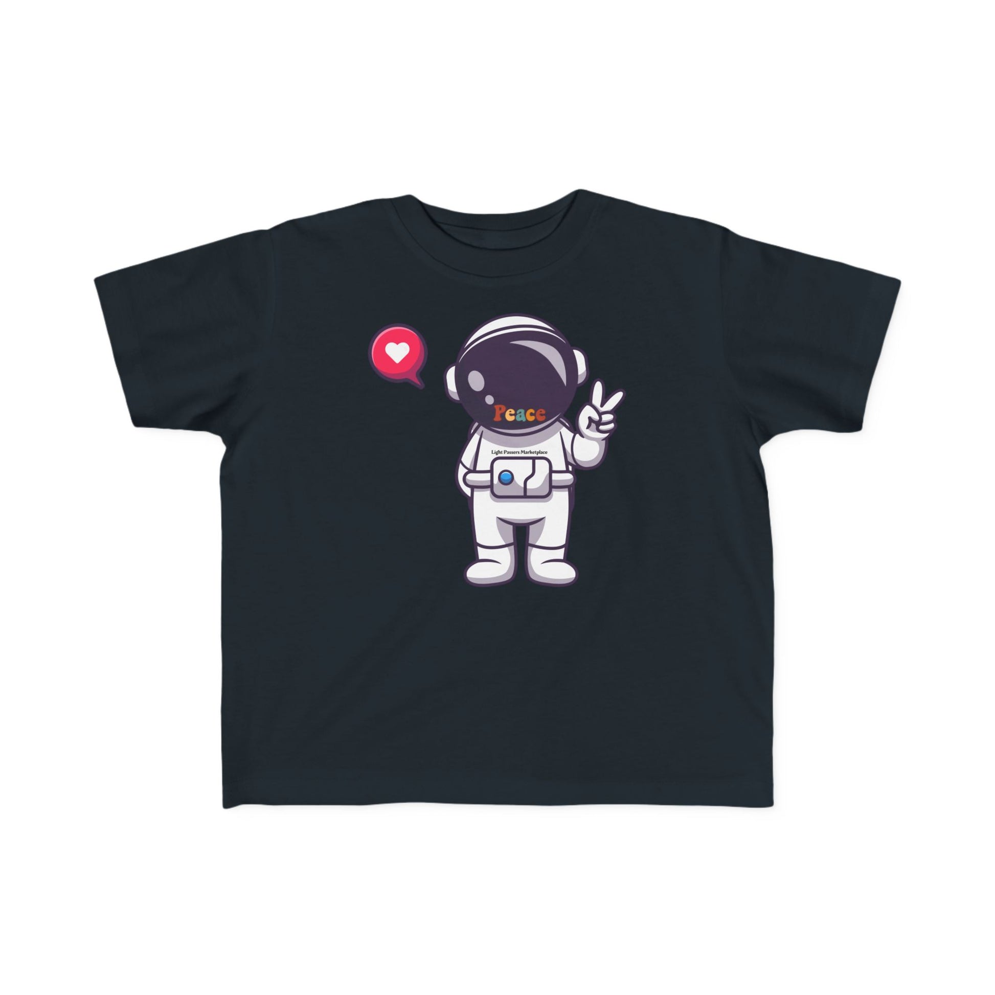 Peace Astronaut Toddler T-shirt featuring a playful chibi astronaut with a peace sign and Peace on the helmet; soft, durable, perfect for toddlers.