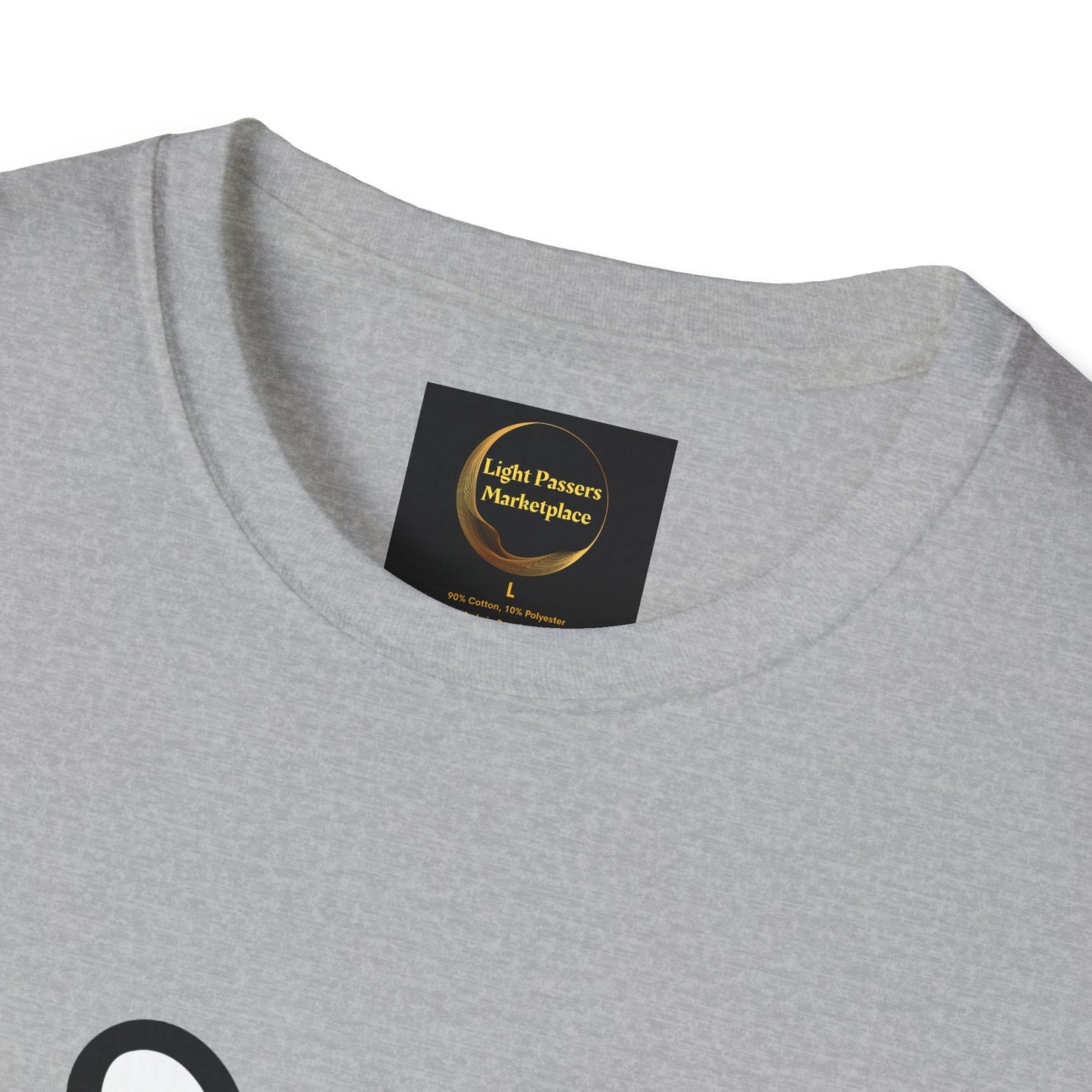 Light-heather-gray Soccer Dog Unisex T-Shirt with a black woven label featuring gold swirl, Light Passers Marketplace, size L, made of 90% cotton/10% polyester.