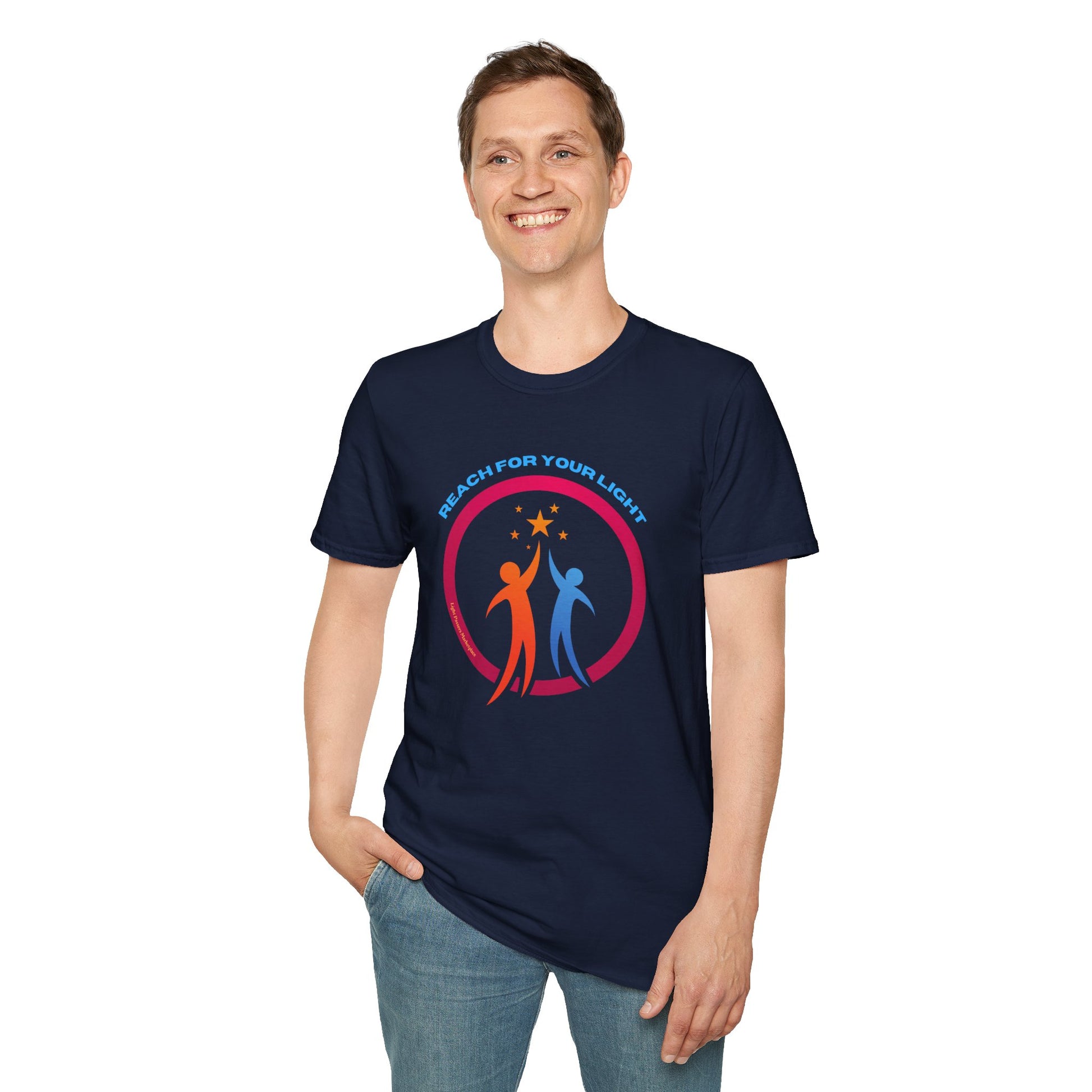 A man smiling in a Reach for Your Light unisex t-shirt, showcasing casual comfort. Made of soft 100% cotton with twill tape shoulders, ribbed collar, and tear-away label for ultimate wearability.