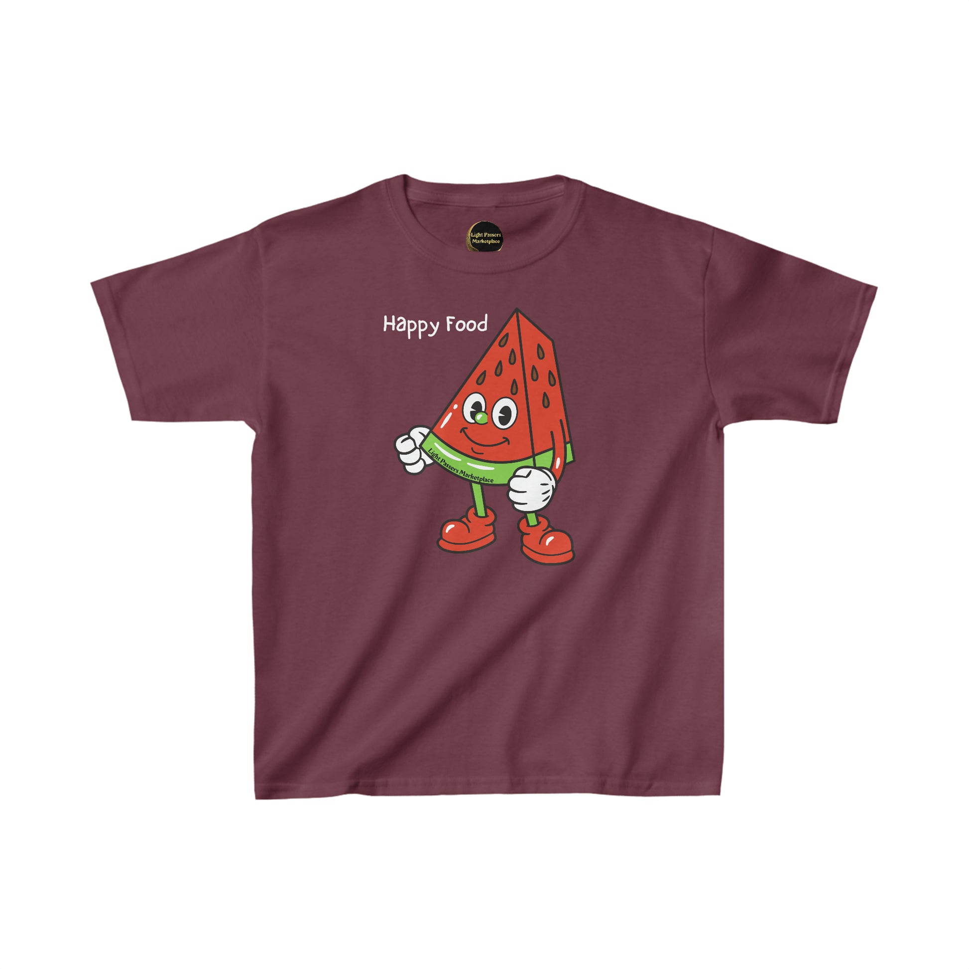 Youth t-shirt featuring a cartoon watermelon design. Made of 100% cotton with twill tape shoulders for durability. Classic fit with tear-away labels for comfort. Ethically sourced US cotton.