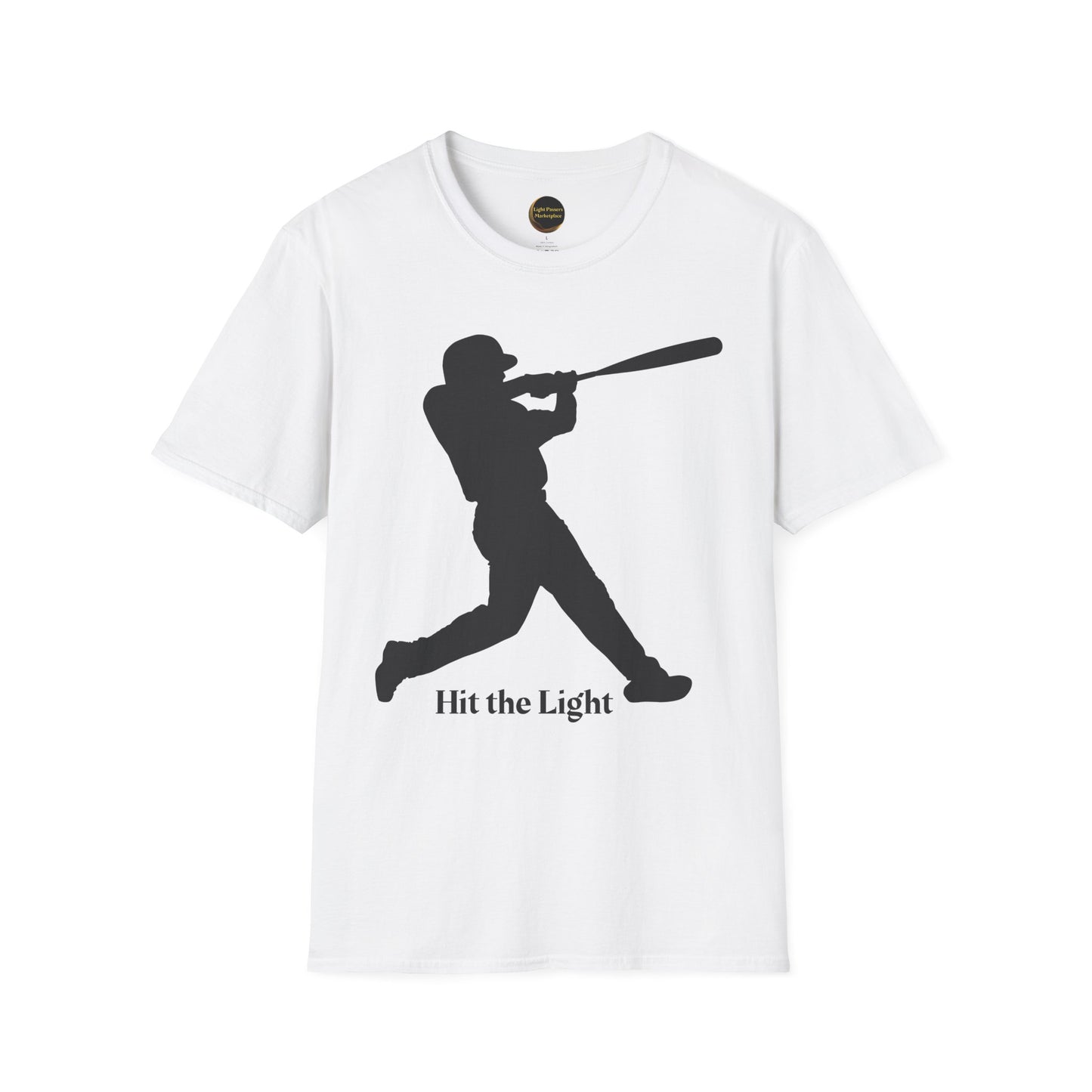 Baseball Batter Silhouette Adult Unisex T‑Shirt — "Hit the Light" white or black images