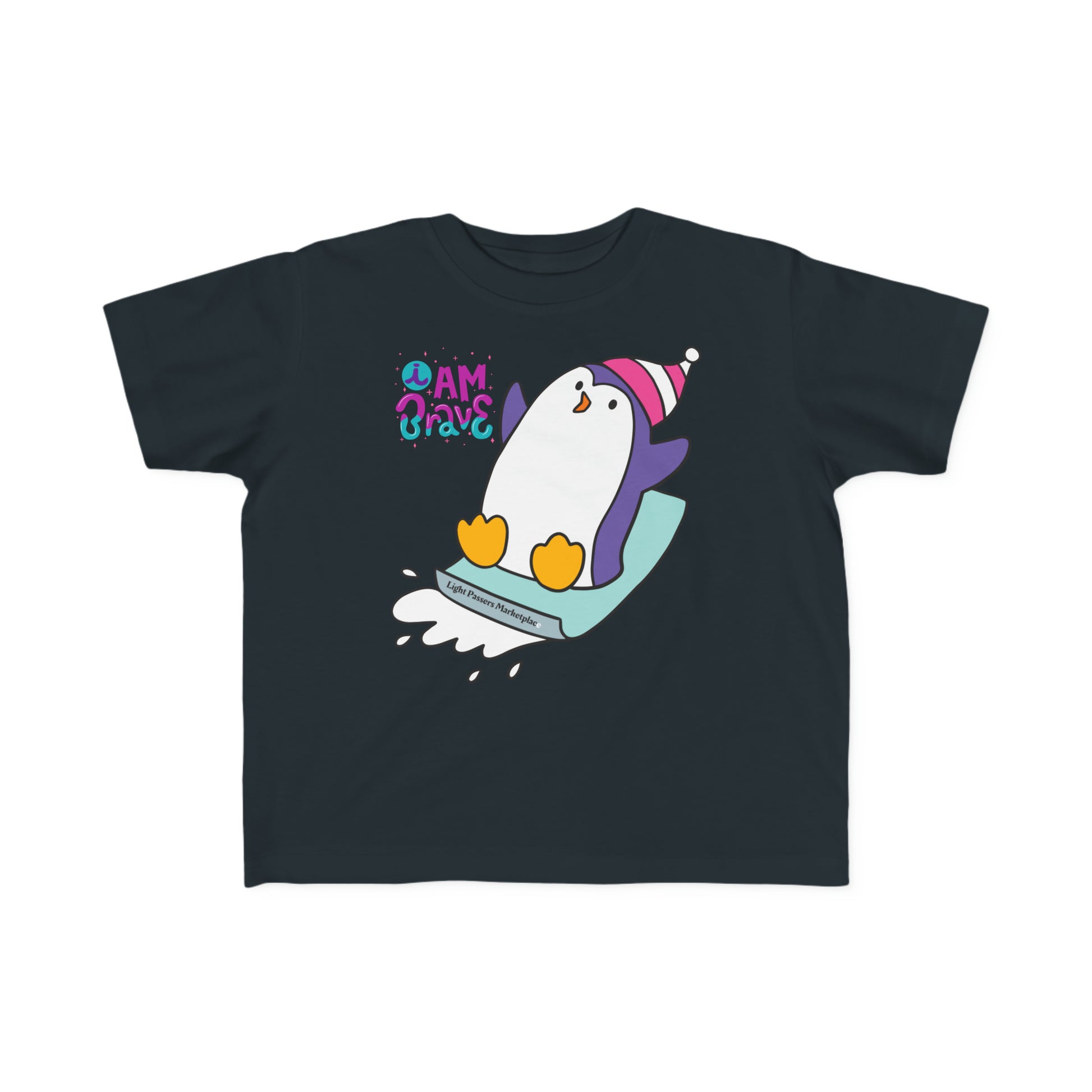 A toddler tee featuring a brave penguin graphic on a black shirt. Made of soft, 100% combed cotton with a durable print, perfect for little adventurers.