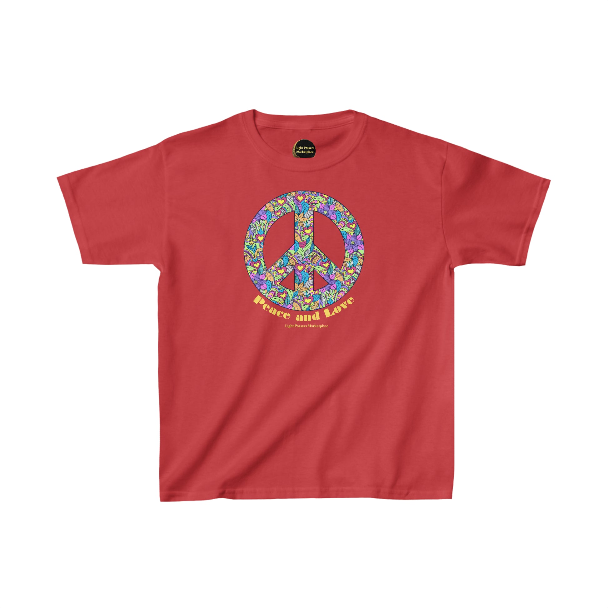 A red youth t-shirt featuring a peace sign adorned with flowers and hearts. Made of 100% cotton with twill tape shoulders for durability and a curl-resistant collar. Ethically sourced materials.
