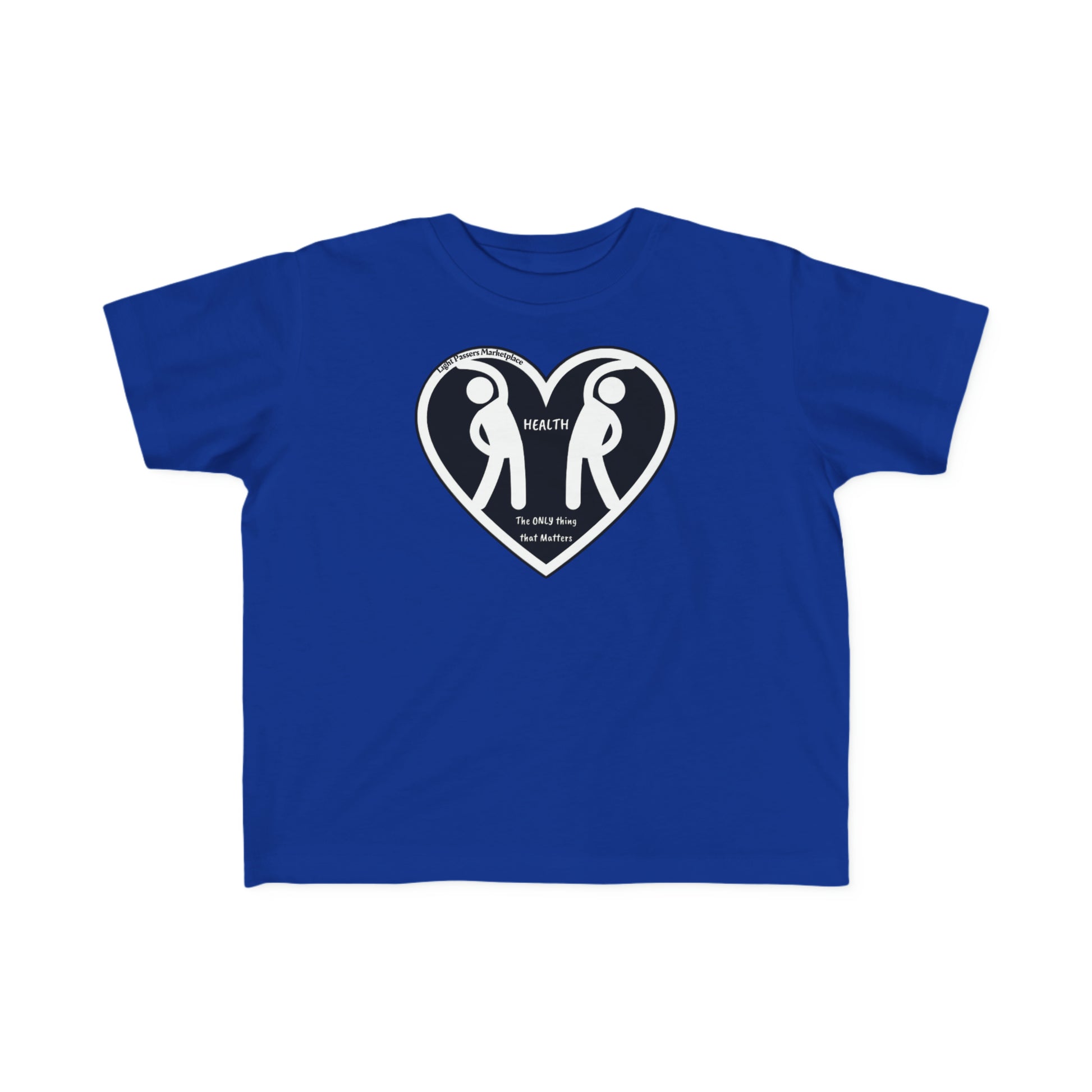 A blue toddler t-shirt featuring a heart-shaped logo with two people, made of soft 100% combed cotton. Durable print, tear-away label, and a classic fit for comfort.