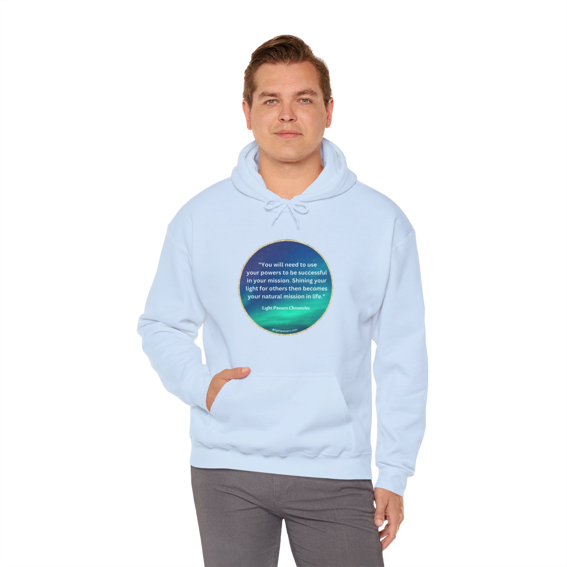 A unisex heavy blend hooded sweatshirt featuring a turquoise circle design with text. Made of 50% cotton and 50% polyester for warmth and comfort. Kangaroo pocket and color-matched drawstring for style.