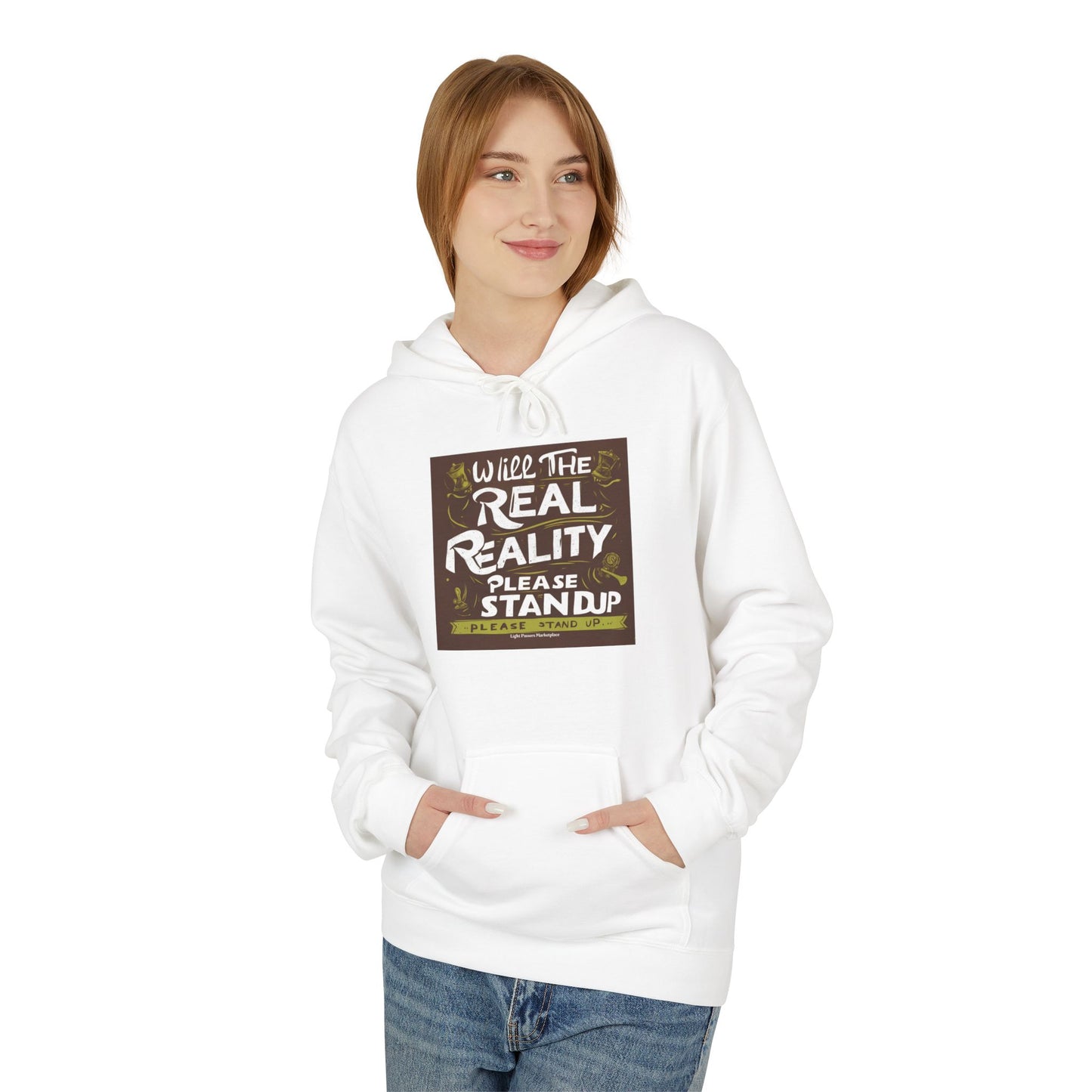 Young woman models the Will the Real Reality Please Stand Up unisex hoodie, featuring a thought-provoking square graphic, hands in kangaroo pocket.