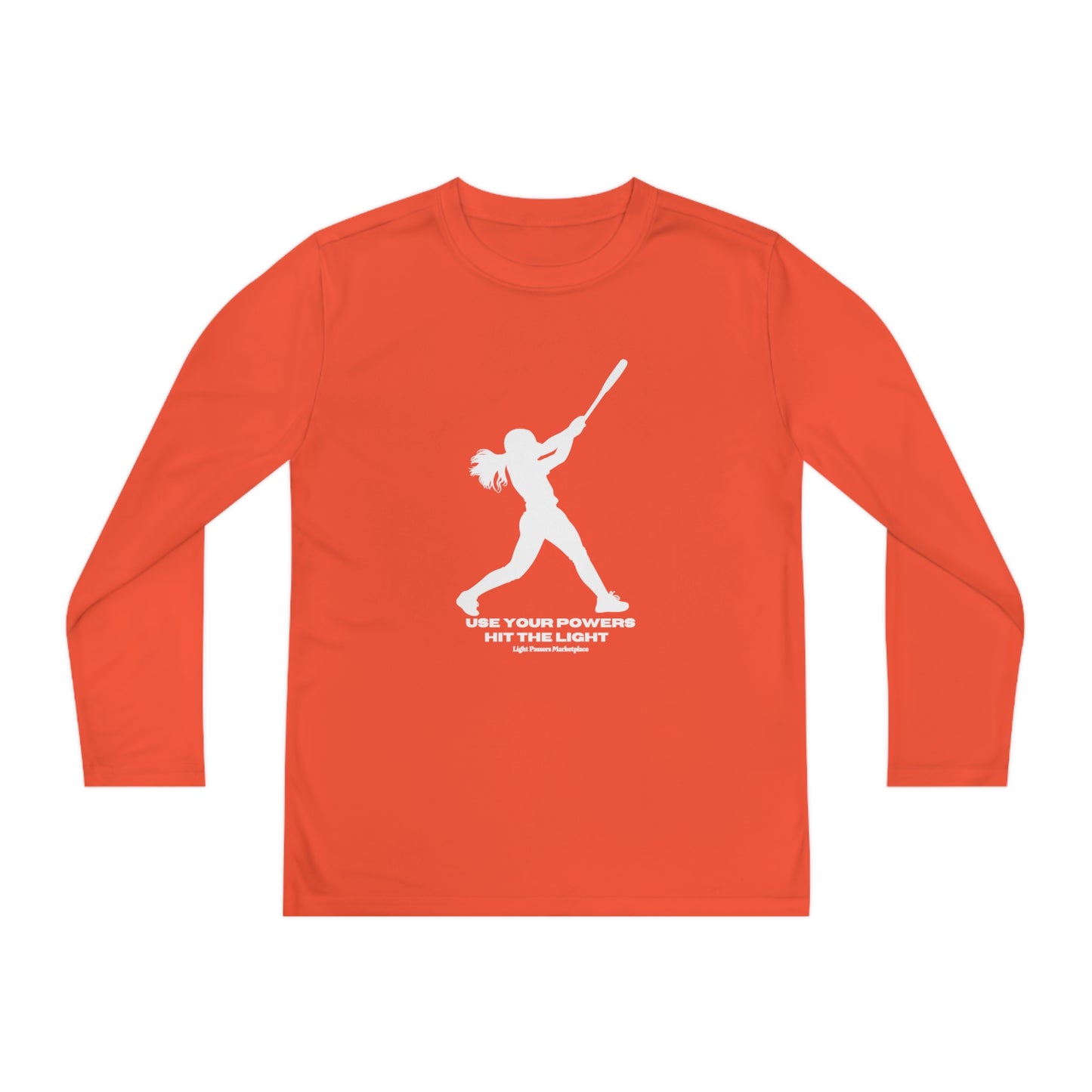 A youth long sleeve shirt featuring a girl swinging a bat silhouette. Made of moisture-wicking polyester, lightweight, and breathable for active kids. Ideal for creating unique wardrobe staples.