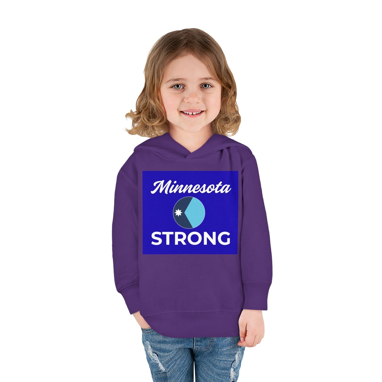 Child wearing Minnesota Strong purple hoodie and jeans, showcasing state pride graphic. Cozy fleece with side pockets, perfect for chilly adventures.