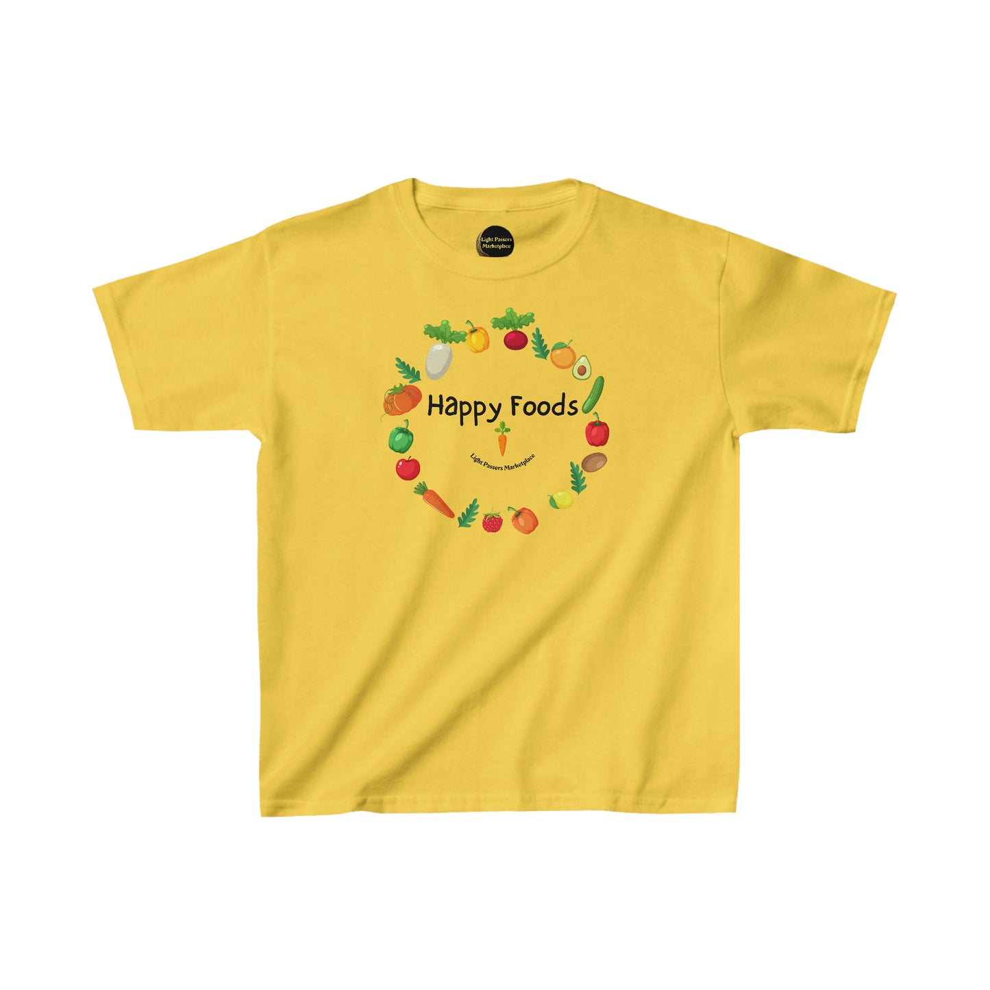 Youth yellow t-shirt featuring a smiley face design, made of 100% cotton for comfort, with twill tape shoulders for durability and ribbed collar for curl resistance. Ethically sourced and Oeko-Tex certified.