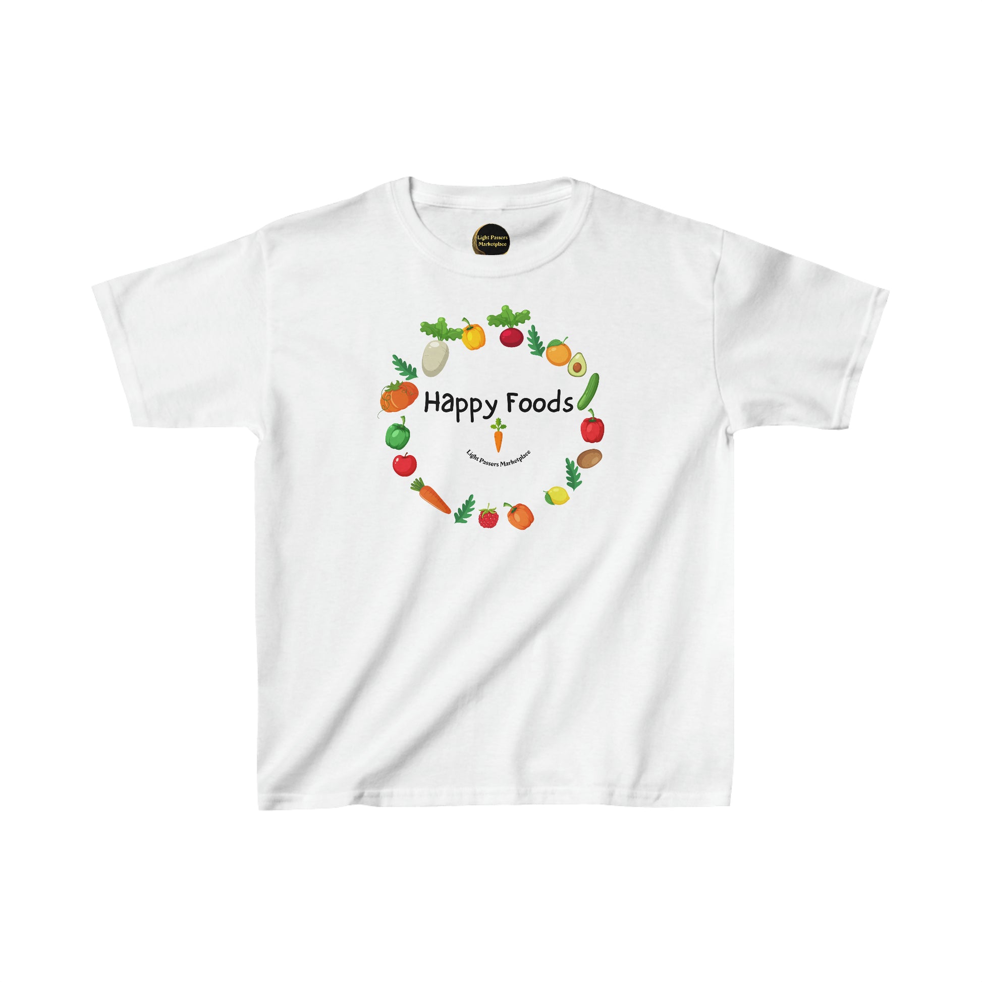 A white youth t-shirt featuring a smiley face and a carrot logo. Made of 100% cotton, with twill tape shoulders for durability and a curl-resistant collar. Ethically sourced and Oeko-Tex certified.