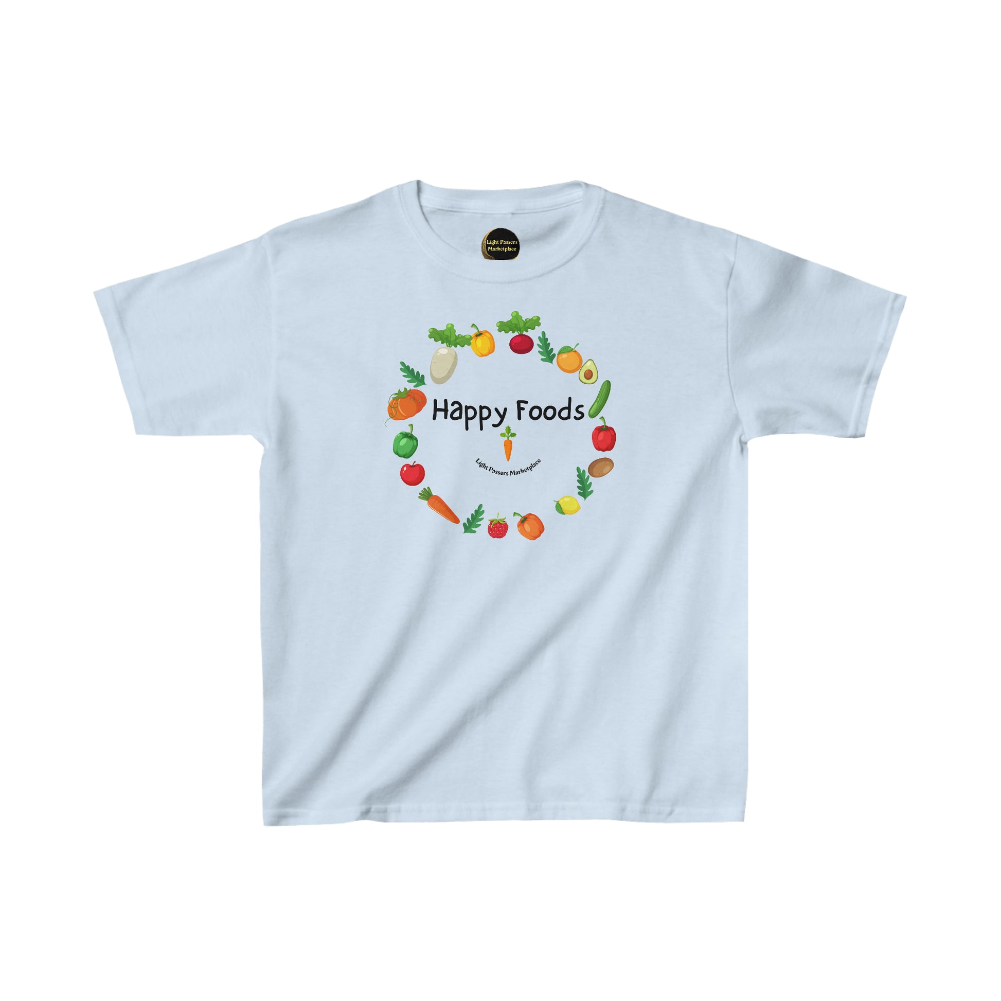 Youth white t-shirt featuring a smiley face, logo, and a circle of fruits and vegetables. Made of 100% cotton for comfort, with twill tape shoulders and curl-resistant collar for durability.