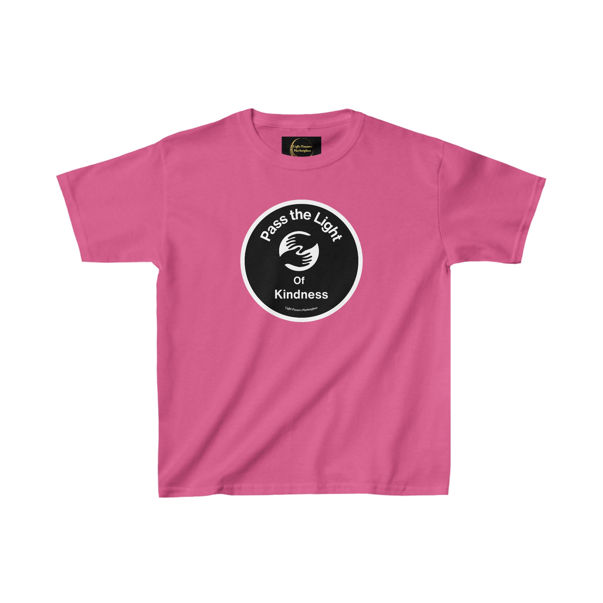 Youth T-shirt with a black circle logo and white text, close-up of pink shirt fabric, emphasizing durability and comfort. Ideal for everyday wear, made of 100% cotton with tear-away label.