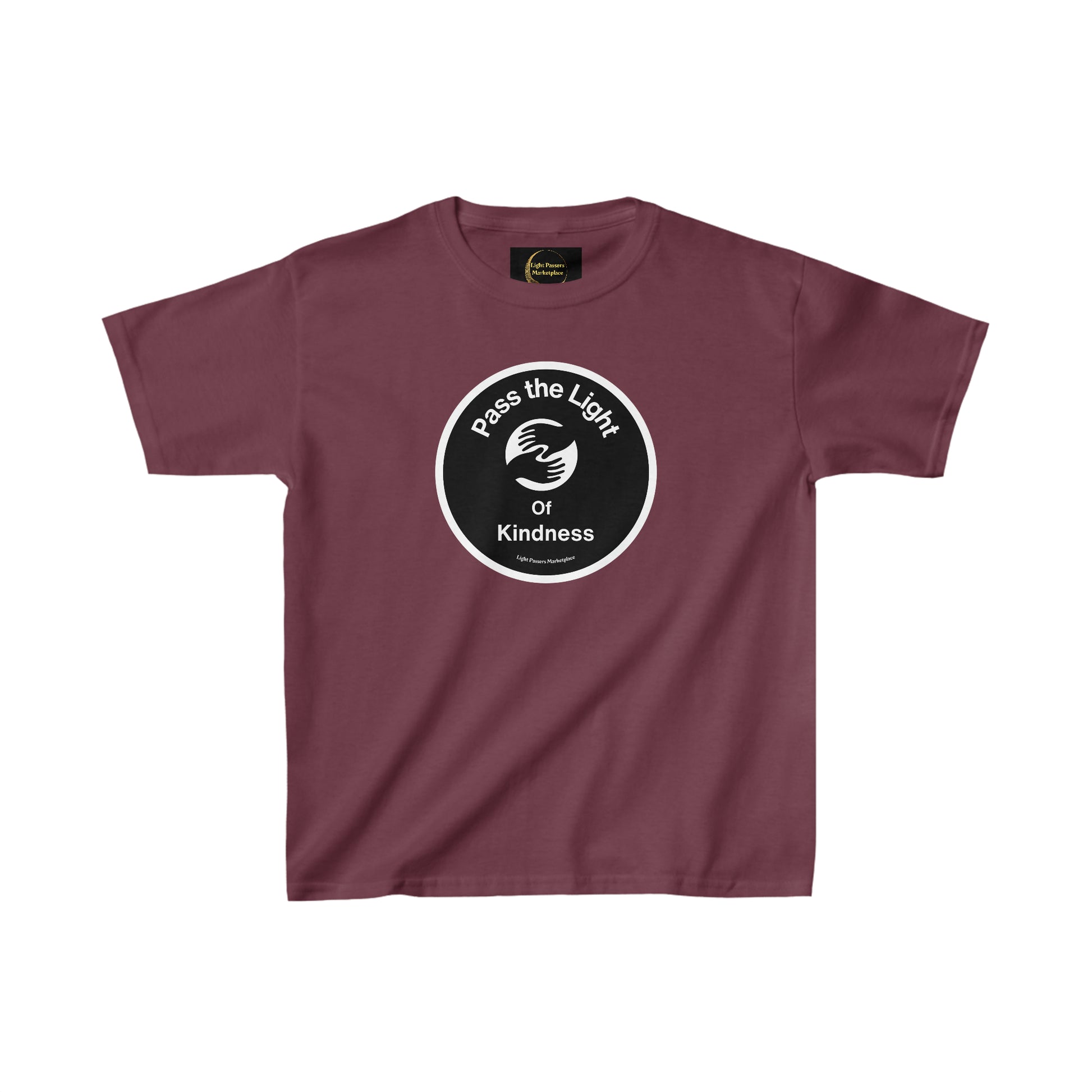 Youth T-shirt featuring Pass the Light of Kindness design. Purple shirt with white circle and black text. 100% cotton, twill tape shoulders, ribbed collar, tear-away label. Classic fit, midweight fabric.