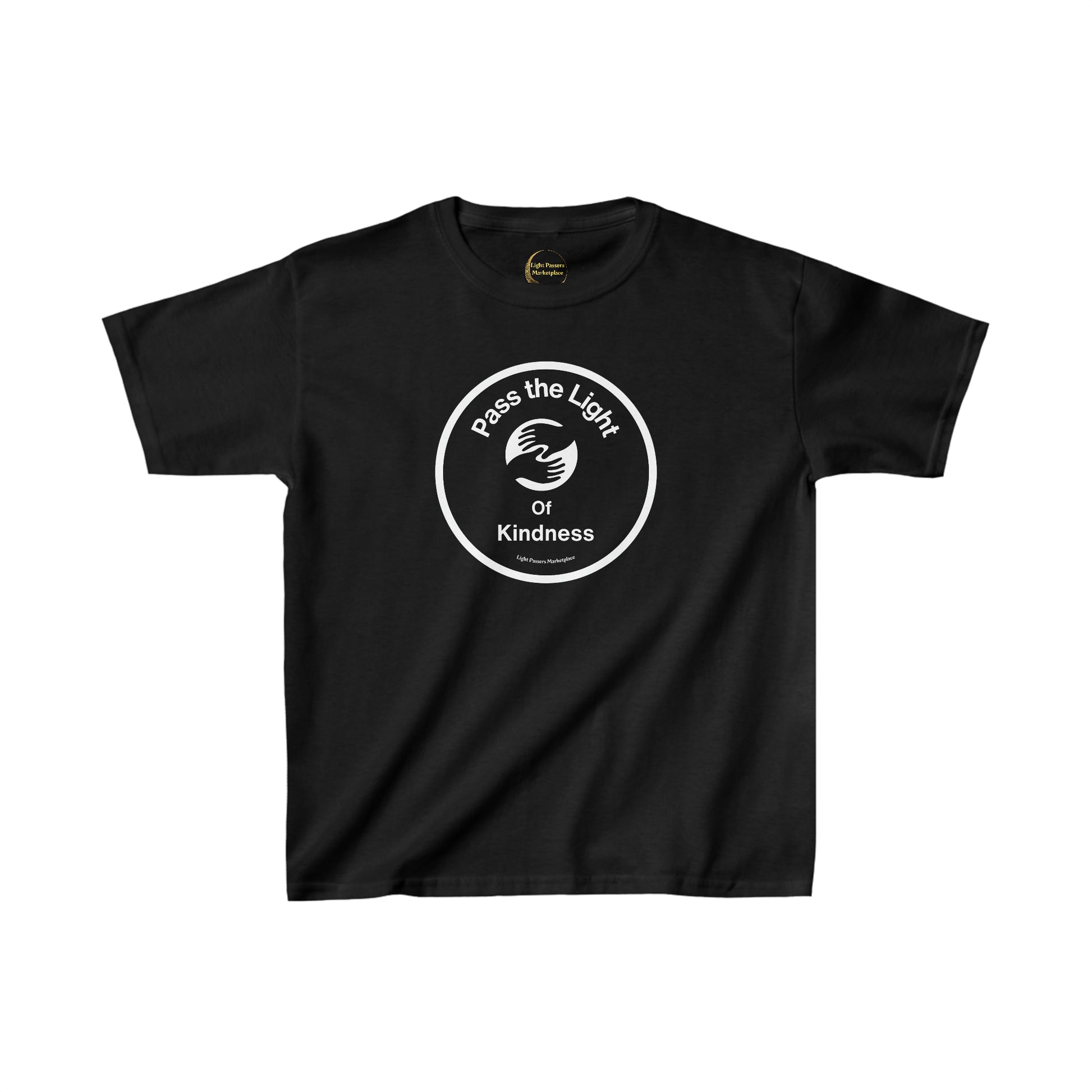 A youth t-shirt featuring Pass the Light of Kindness text with two hands in a circle. Made of 100% cotton, midweight fabric, tear-away label, and durable twill tape shoulders.