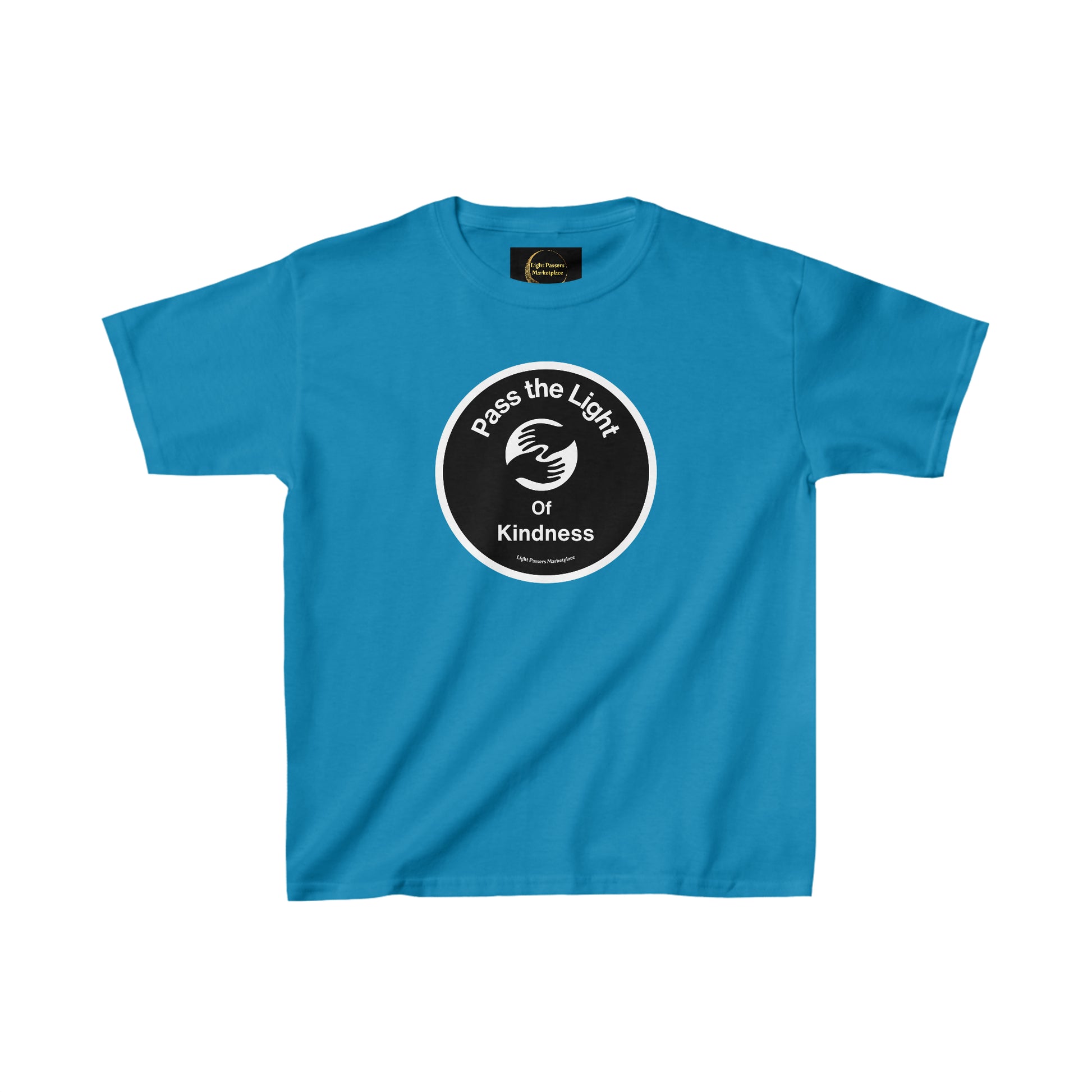 Youth T-shirt with black circle logo and white text, ideal for daily wear. 100% cotton fabric, twill tape shoulders, ribbed collar, no side seams. Pass the Light of Kindness 2 hands design.