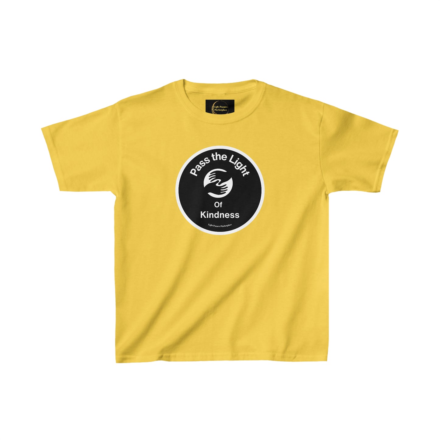 Youth T-shirt with black circle and white text, ideal for daily wear. 100% cotton fabric, twill tape shoulders, tear-away label. Pass the Light of Kindness 2 hands design.