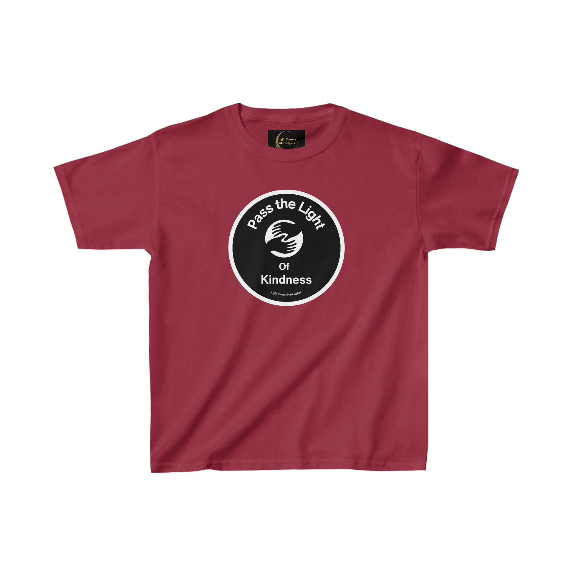 A youth t-shirt featuring the Pass the Light of Kindness design with a black circle and white text. Made of 100% cotton, midweight fabric, tear-away label, and durable twill tape shoulders.