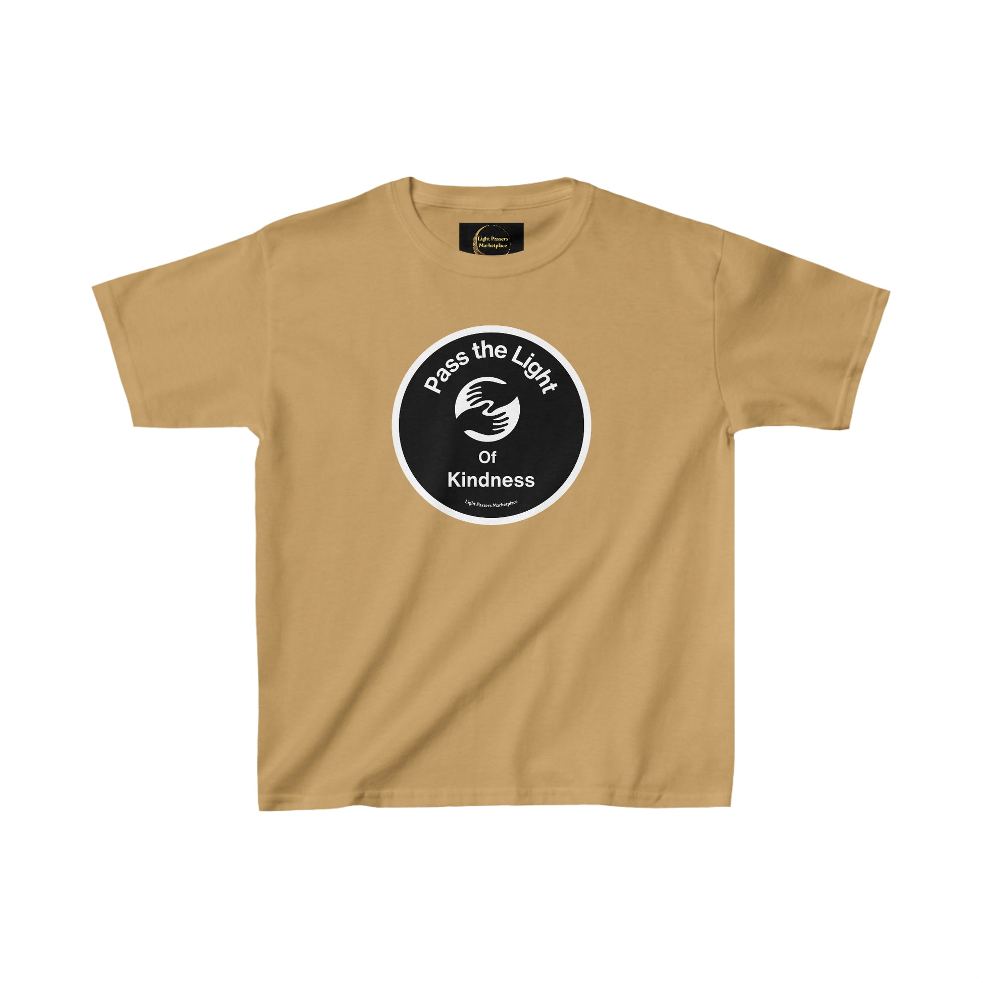 Youth t-shirt with Pass the Light of Kindness logo on tan fabric, close-up of shirt details, ideal for everyday wear. 100% cotton, twill tape shoulders, tear-away label, classic fit.