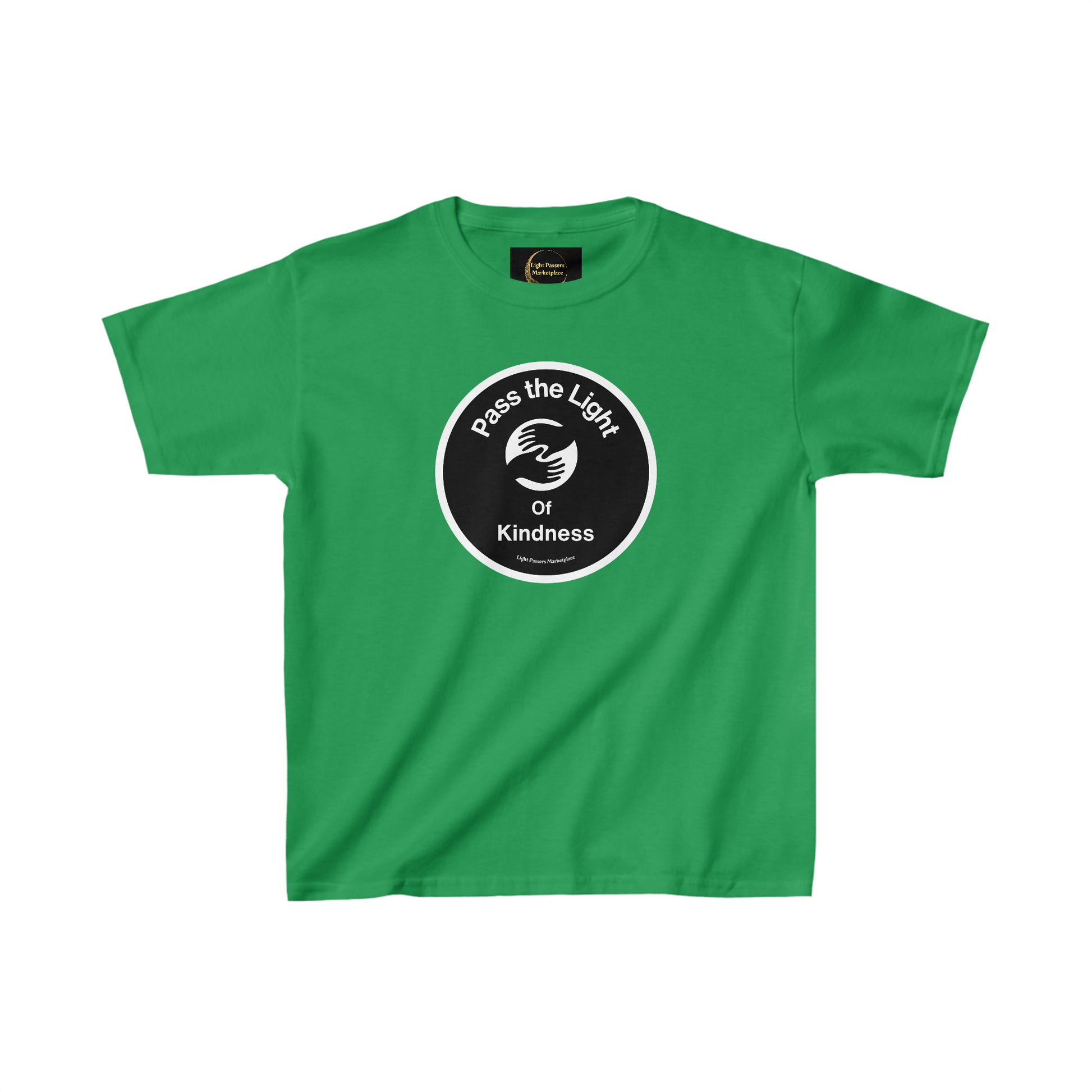 Youth T-shirt with Pass the Light of Kindness logo in black circle on green fabric. 100% cotton for solid colors, twill tape shoulders, ribbed collar for durability. Classic fit, tear-away label, midweight fabric.