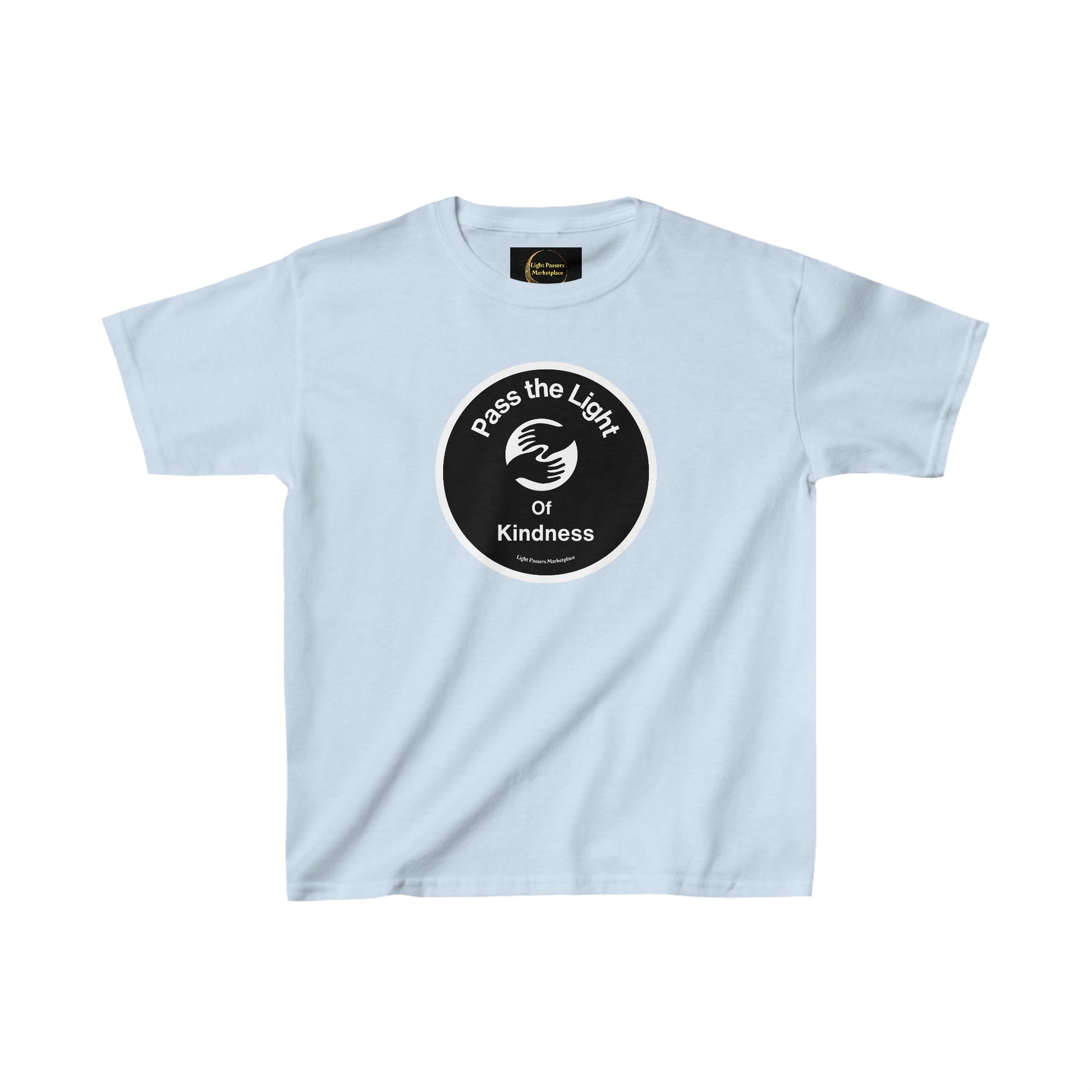 Youth T-shirt with Pass the Light of Kindness design, 100% cotton, durable twill tape shoulders, ribbed collar, no side seams. Classic fit, midweight fabric.