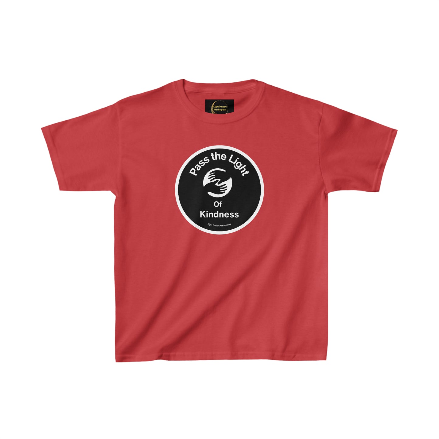 A red youth t-shirt featuring a black circle with white text, ideal for daily wear. Made of 100% cotton, with twill tape shoulders for durability and ribbed collar for shape retention.