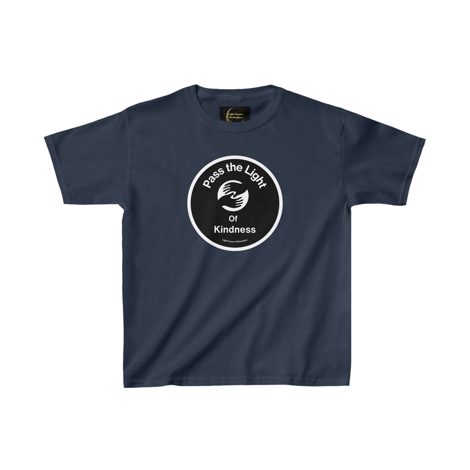 A youth t-shirt featuring Pass the Light of Kindness design with two hands. Made of 100% cotton, midweight fabric, tear-away label, and durable twill tape shoulders. Classic fit.