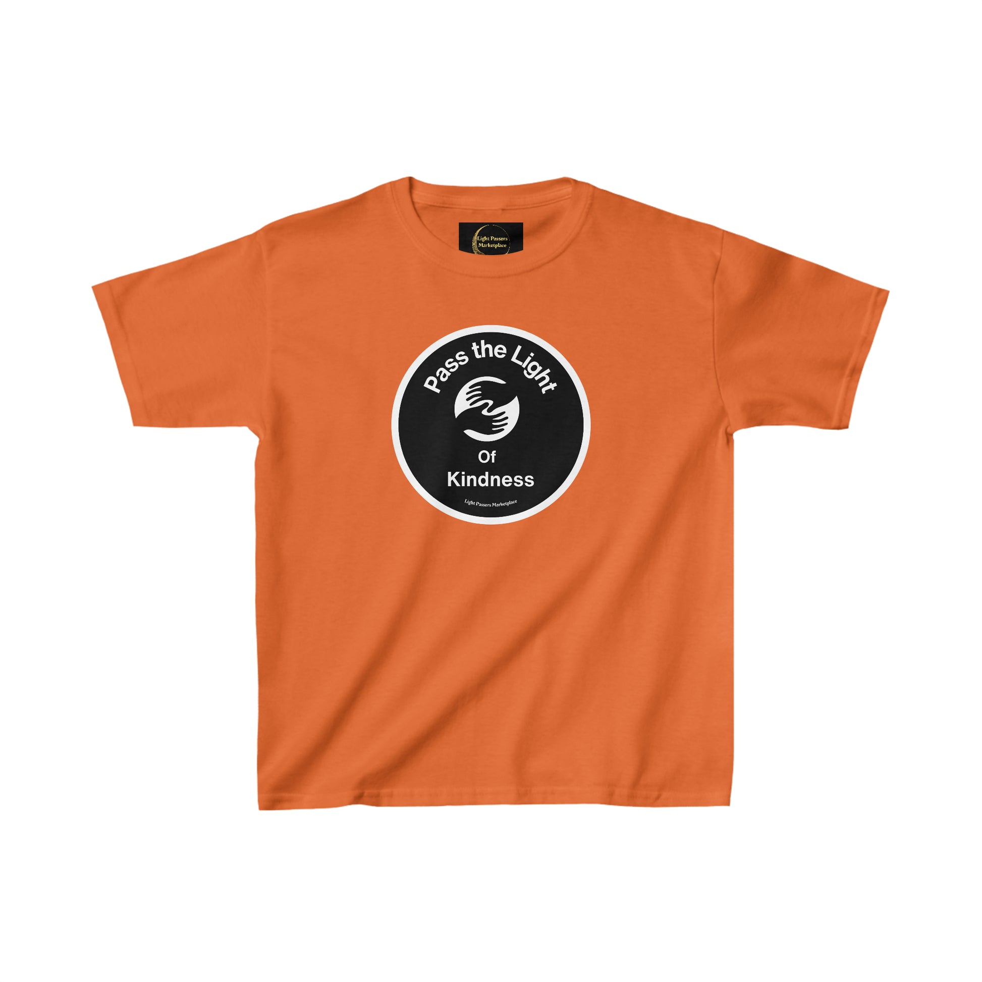 Youth T-shirt featuring Pass the Light of Kindness design with black circle and white text. Made of 100% cotton, midweight fabric, tear-away label, classic fit, durable twill tape shoulders, and curl-resistant ribbed collar.