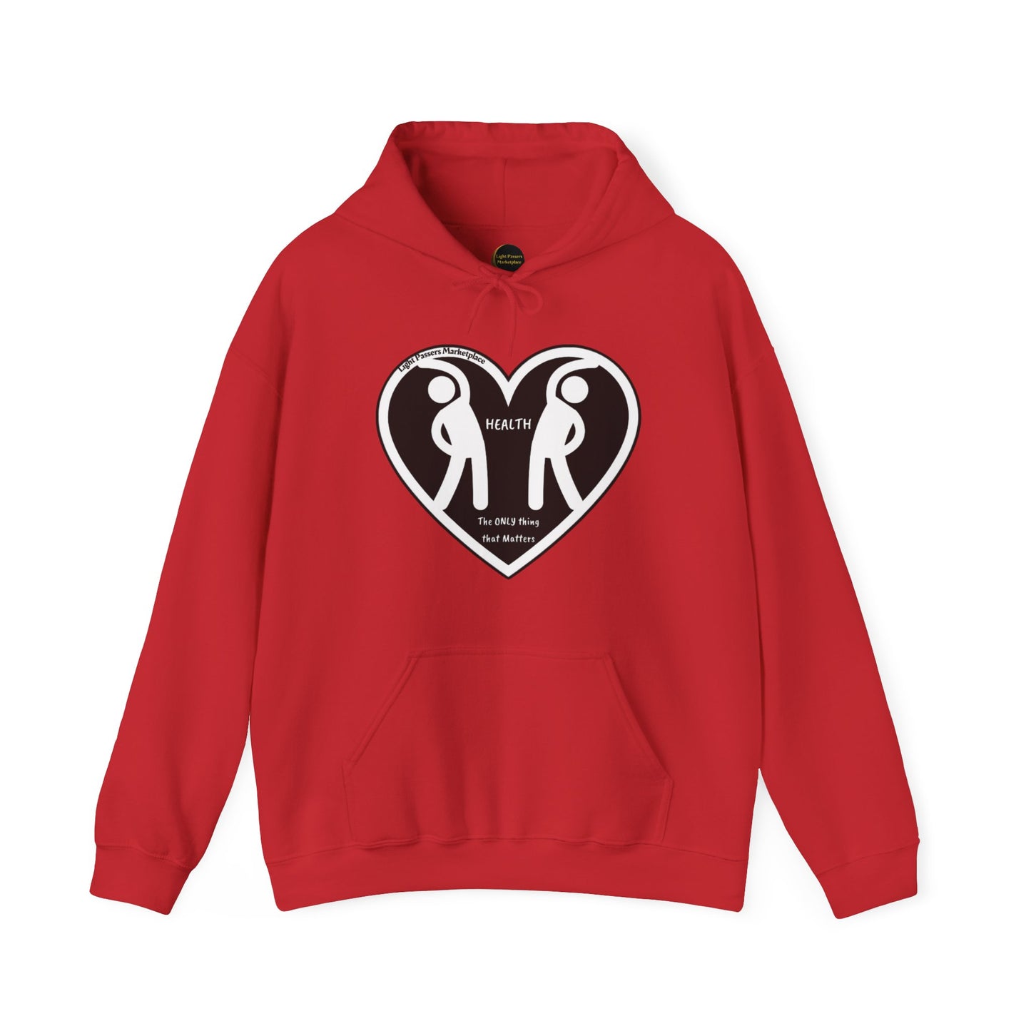 A red unisex hooded sweatshirt featuring a heart with two people design, made of 50% cotton and 50% polyester for a cozy, warm feel. Includes a kangaroo pocket and color-matched drawstring for style and practicality.