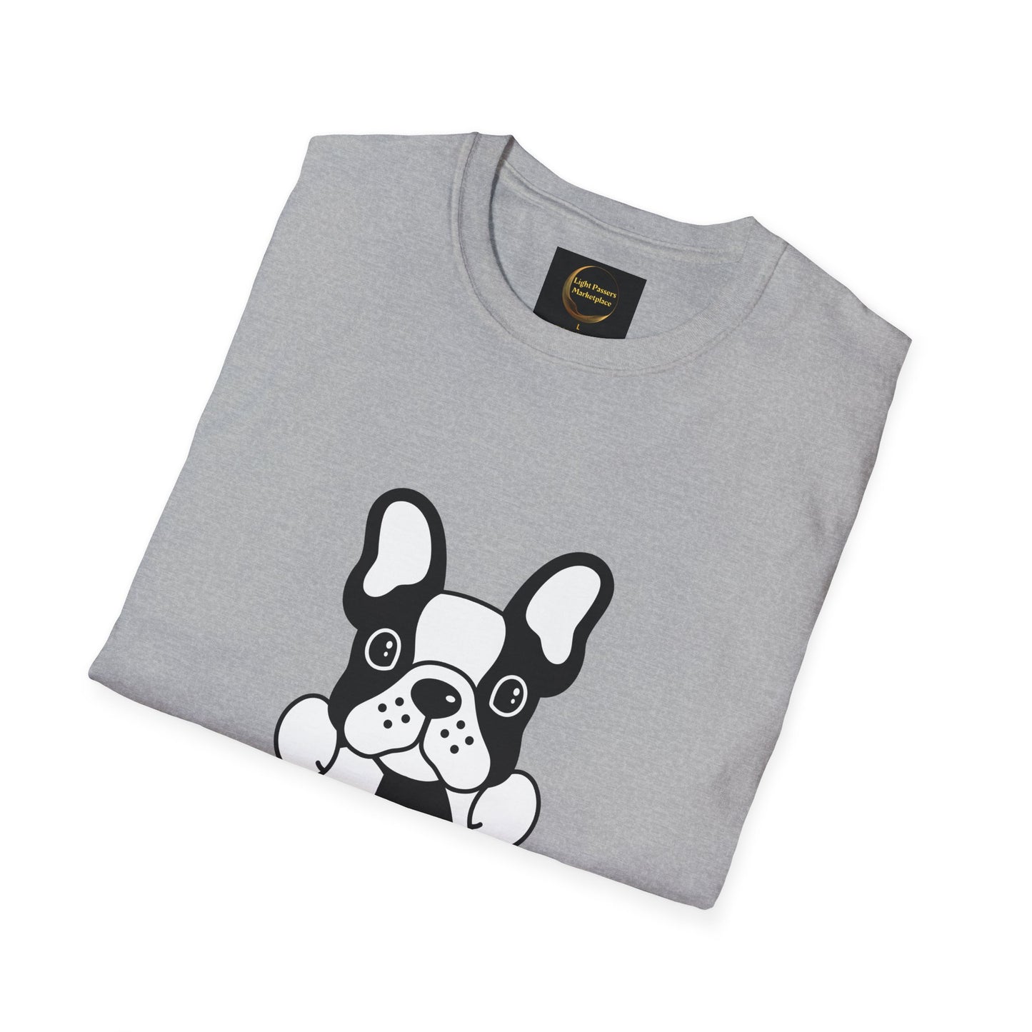 Soccer Dog Unisex T-Shirt with a black-and-white dog face graphic, folded to show brand label Light Passers Marketplace.