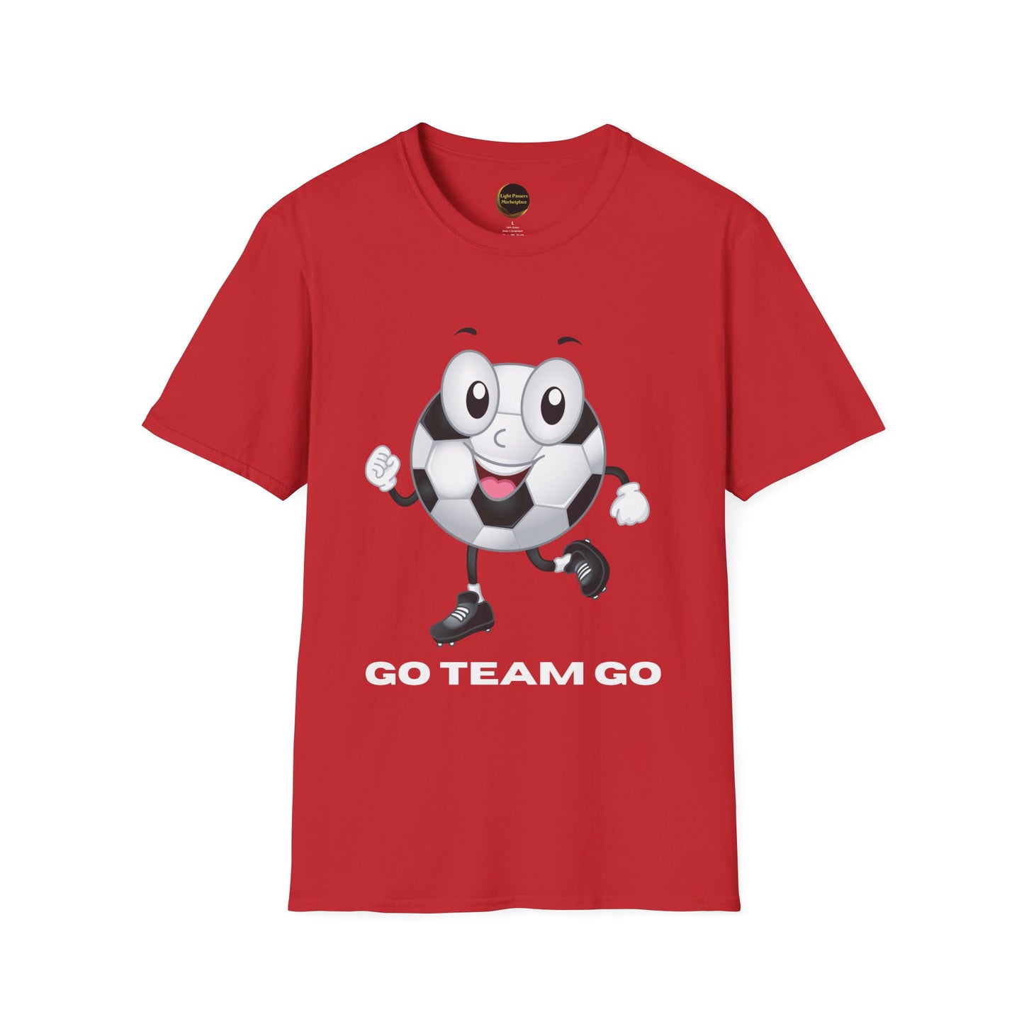 Adult Unisex Cute 'Go Team Go' Soccer T-Shirt — Soccer Ball Guy Cartoon SoccerTee (Great Gift)