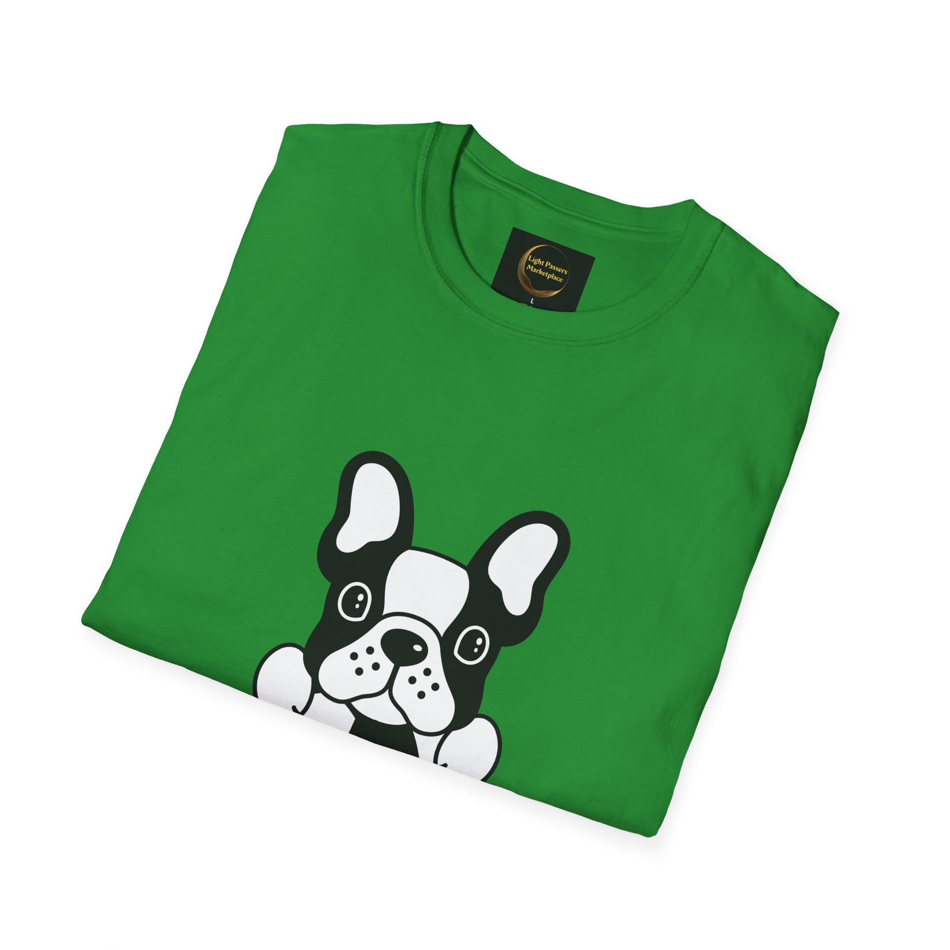Soccer Dog Unisex T-Shirt featuring a cartoon bulldog peeking, folded neatly with Light Pastels Marketplace neck label visible, showcasing casual comfort.