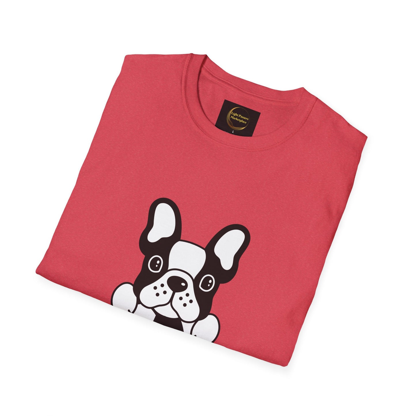Soccer Dog Unisex T-Shirt: Coral-red tee featuring a French bulldog cartoon, showcasing casual comfort with soft, 100% cotton material and durable design. Ideal for any occasion.