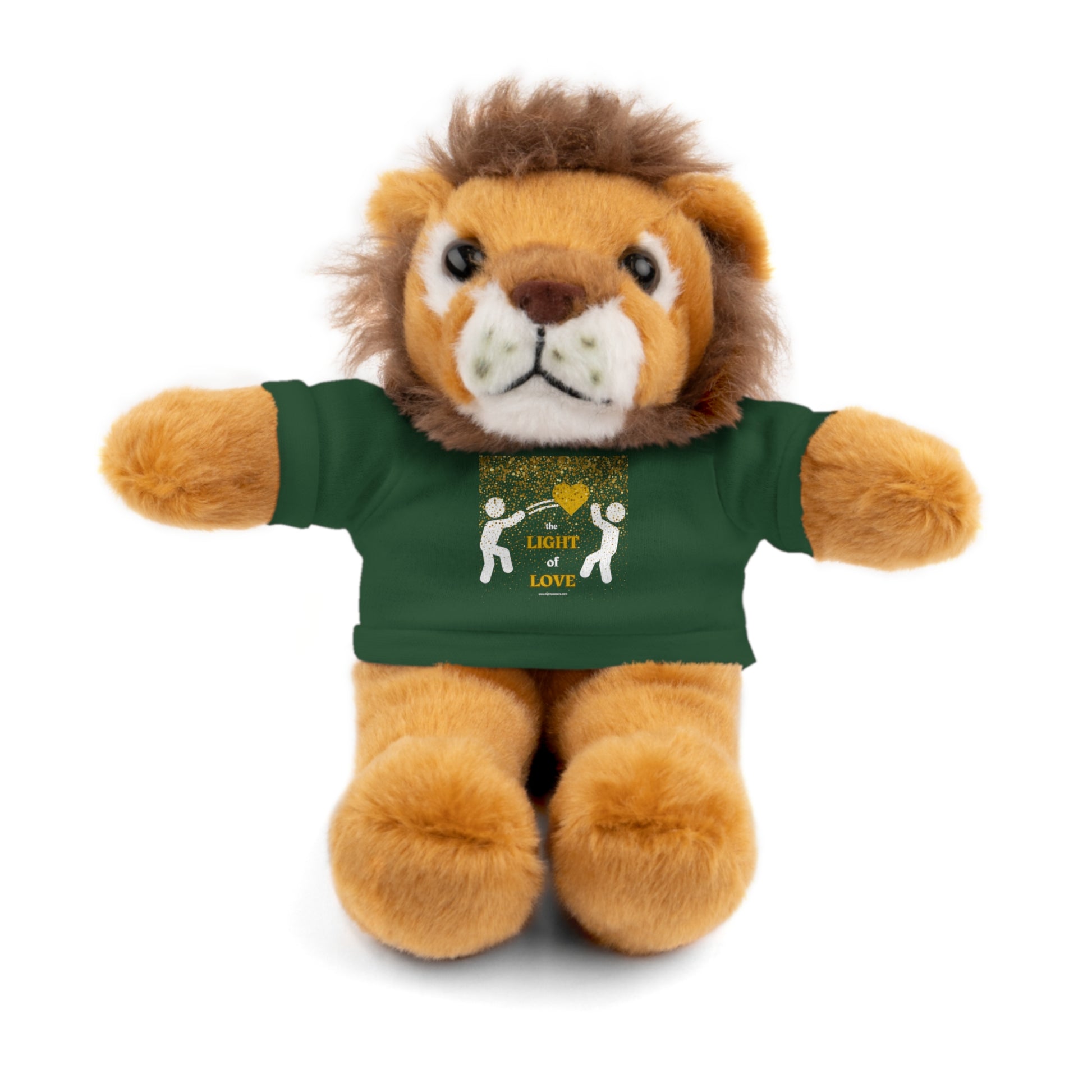 Stuffed animal wearing a customizable cotton tee, part of the Toss the Light of Love Gold Heart 8 Tall Cool Stuff Stuffies collection.