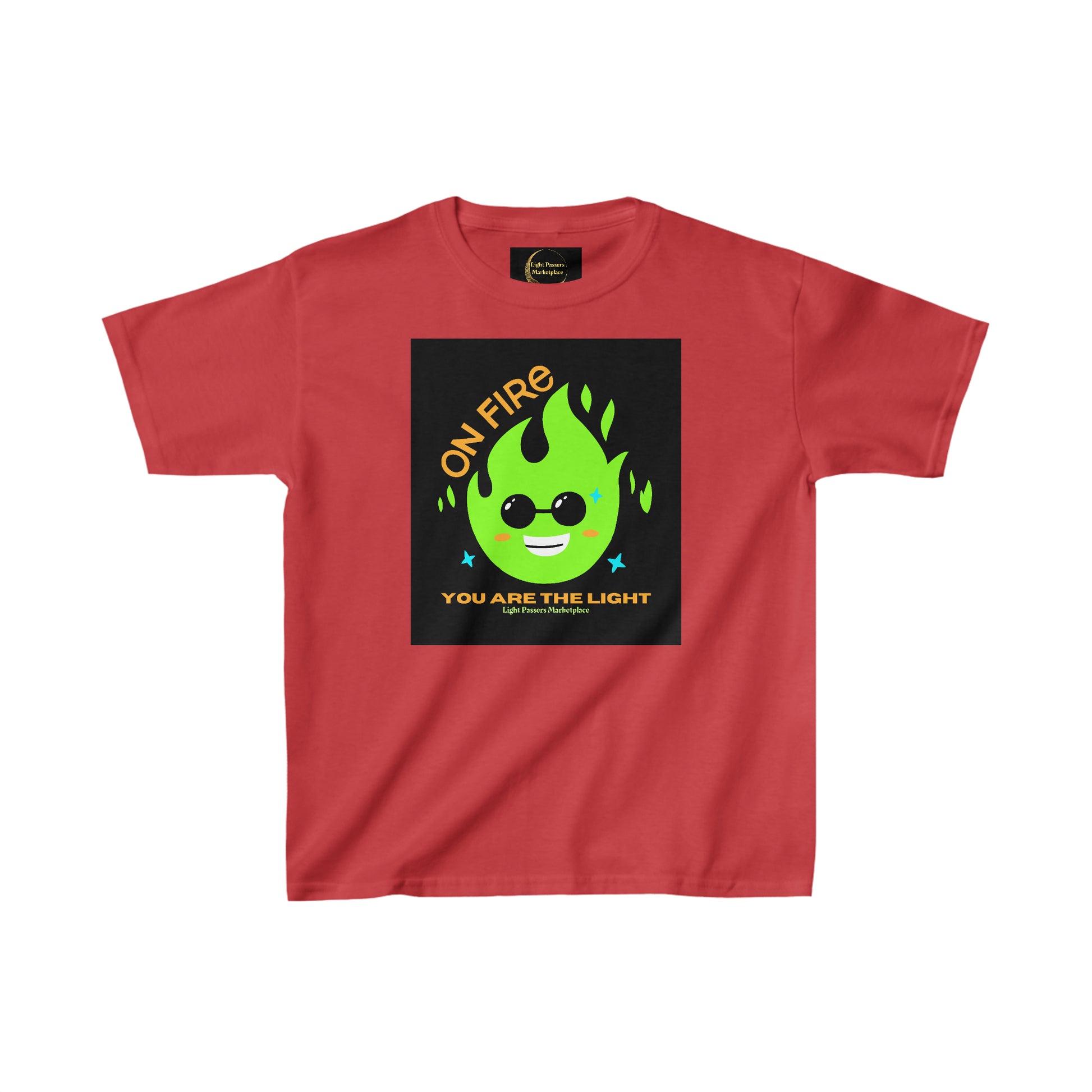 A youth t-shirt featuring a cartoon fire design, ideal for daily wear. Made of 100% cotton with twill tape shoulders for durability and a curl-resistant collar. Classic fit, tear-away label, midweight fabric.