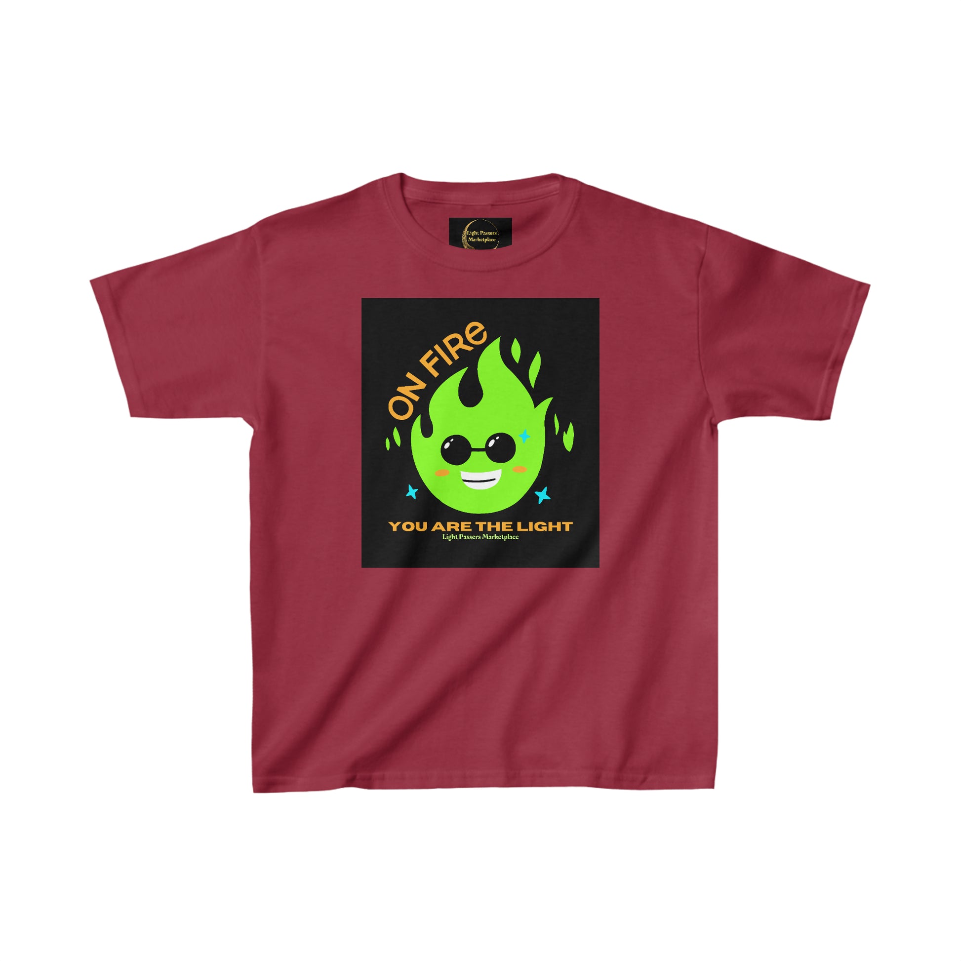 Youth T-shirt featuring a cartoon fire design. Made of 100% cotton with twill tape shoulders for durability. Curl-resistant collar, no side seams. Ideal for everyday wear.