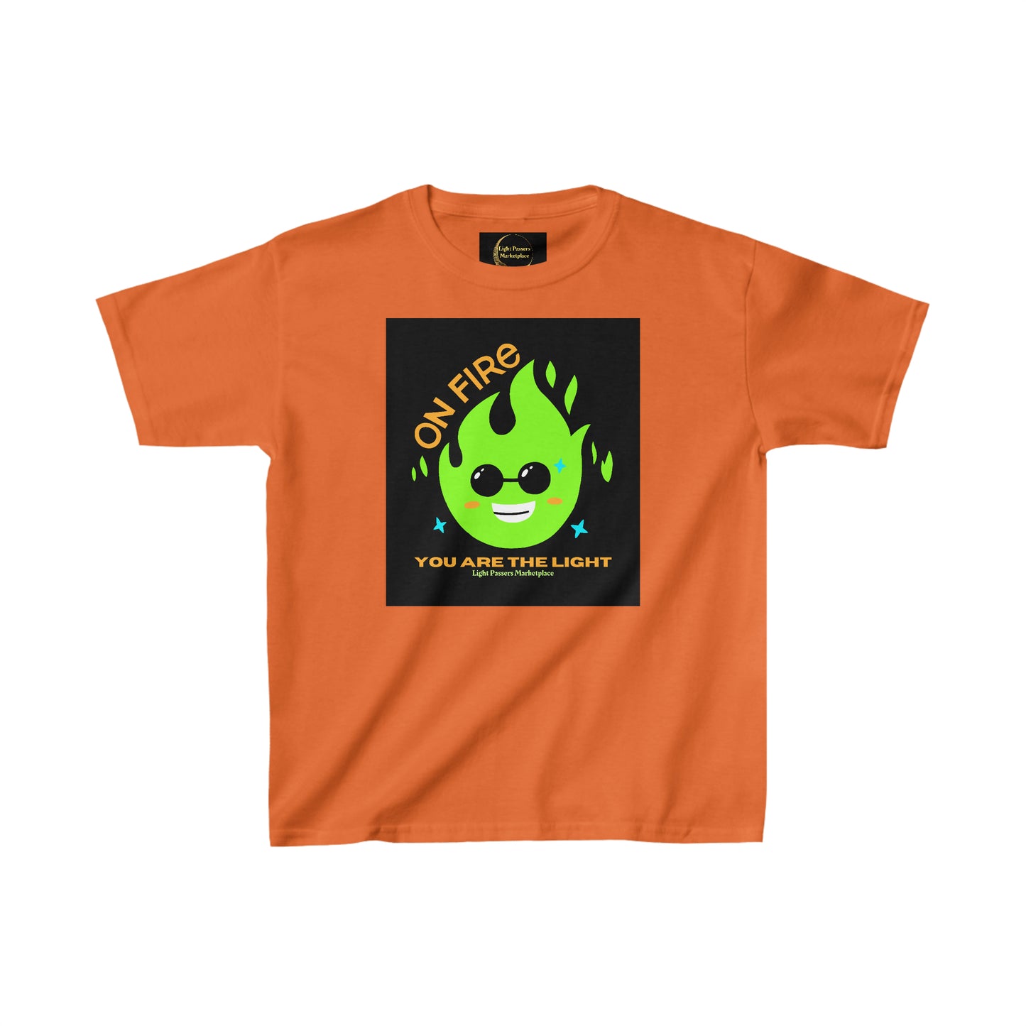 Youth t-shirt featuring a cartoon fire design on black fabric. Made of 100% cotton with twill tape shoulders for durability. Ideal for everyday wear, tear-away label, classic fit.