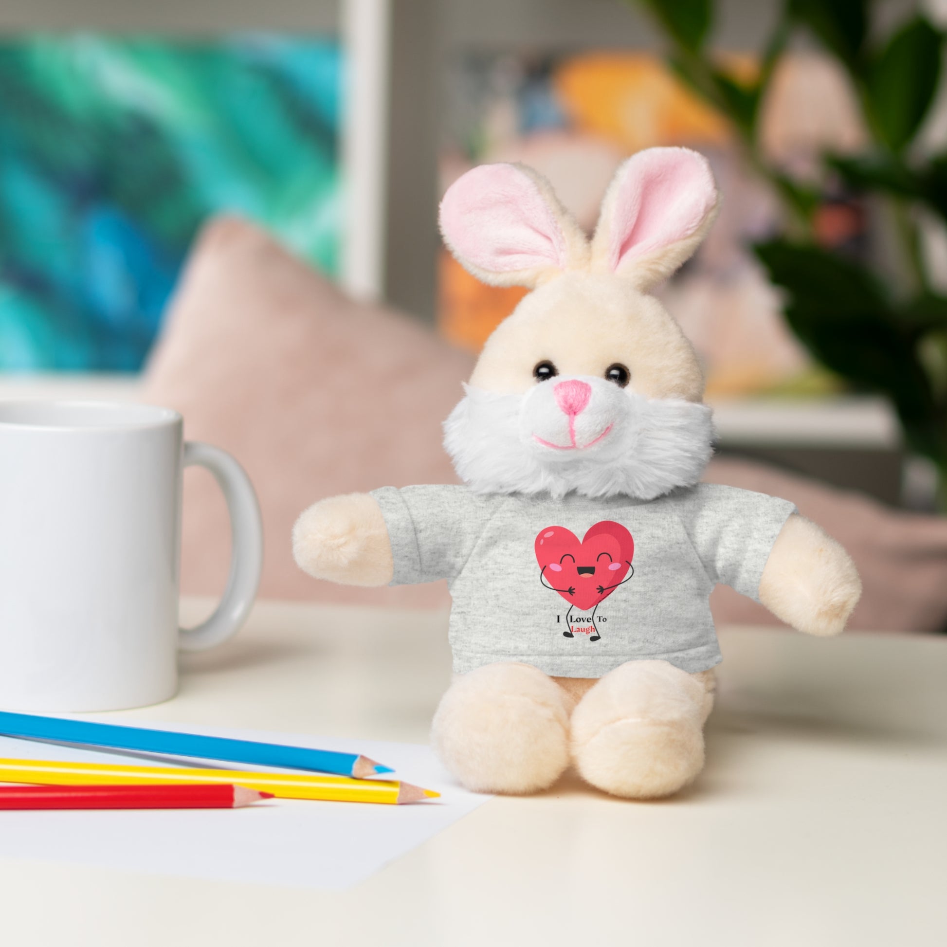 Cool Stuff Stuffies Choice of 6 Animals I Love to Laugh Heart Removable T-shirt featuring a plush bunny with customizable shirt, ideal for hugs and gifts.
