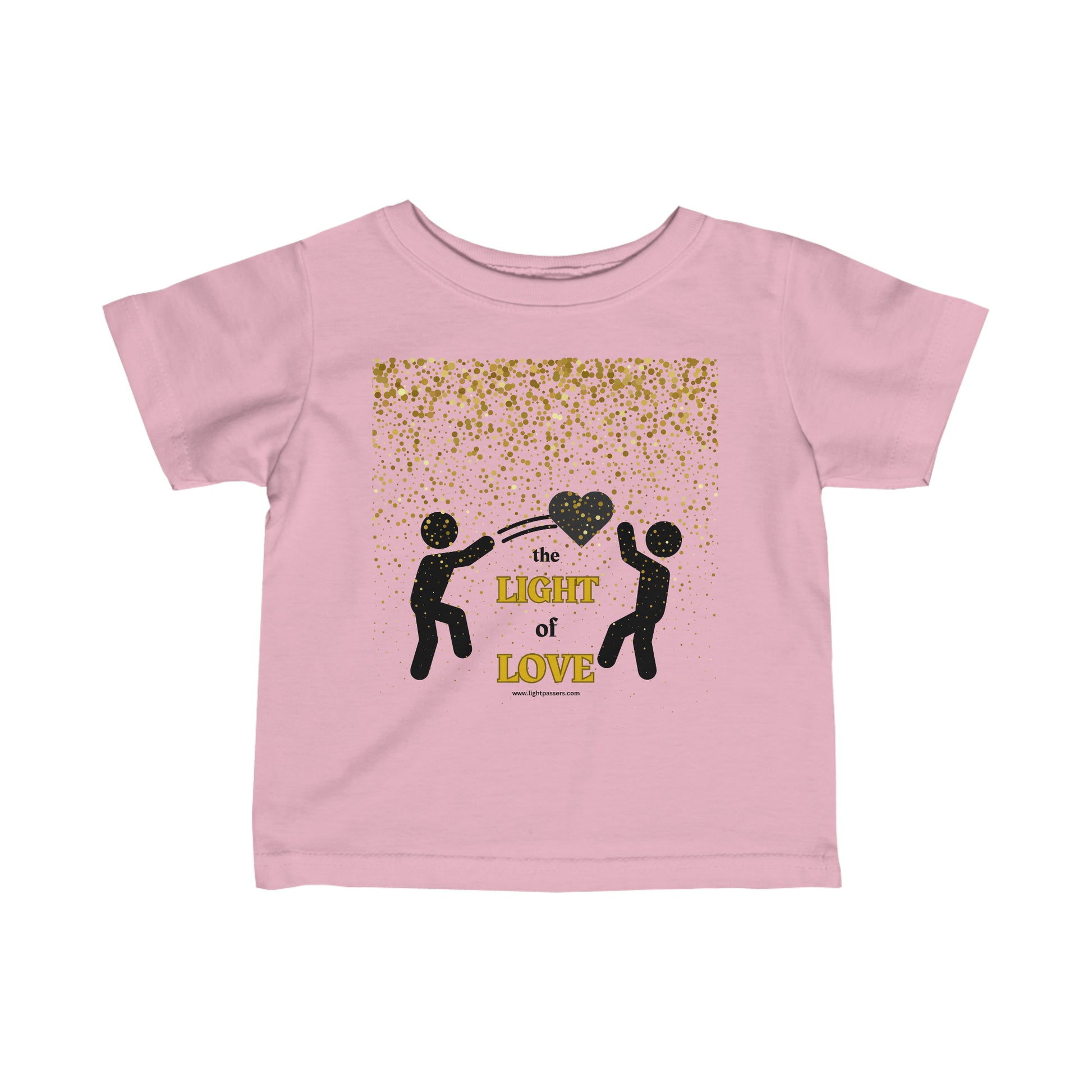 Infant fine jersey tee with a Light of Love Gold Heart design, featuring a pink shirt with black and gold text, a silhouette of a person holding a hat, and confetti.