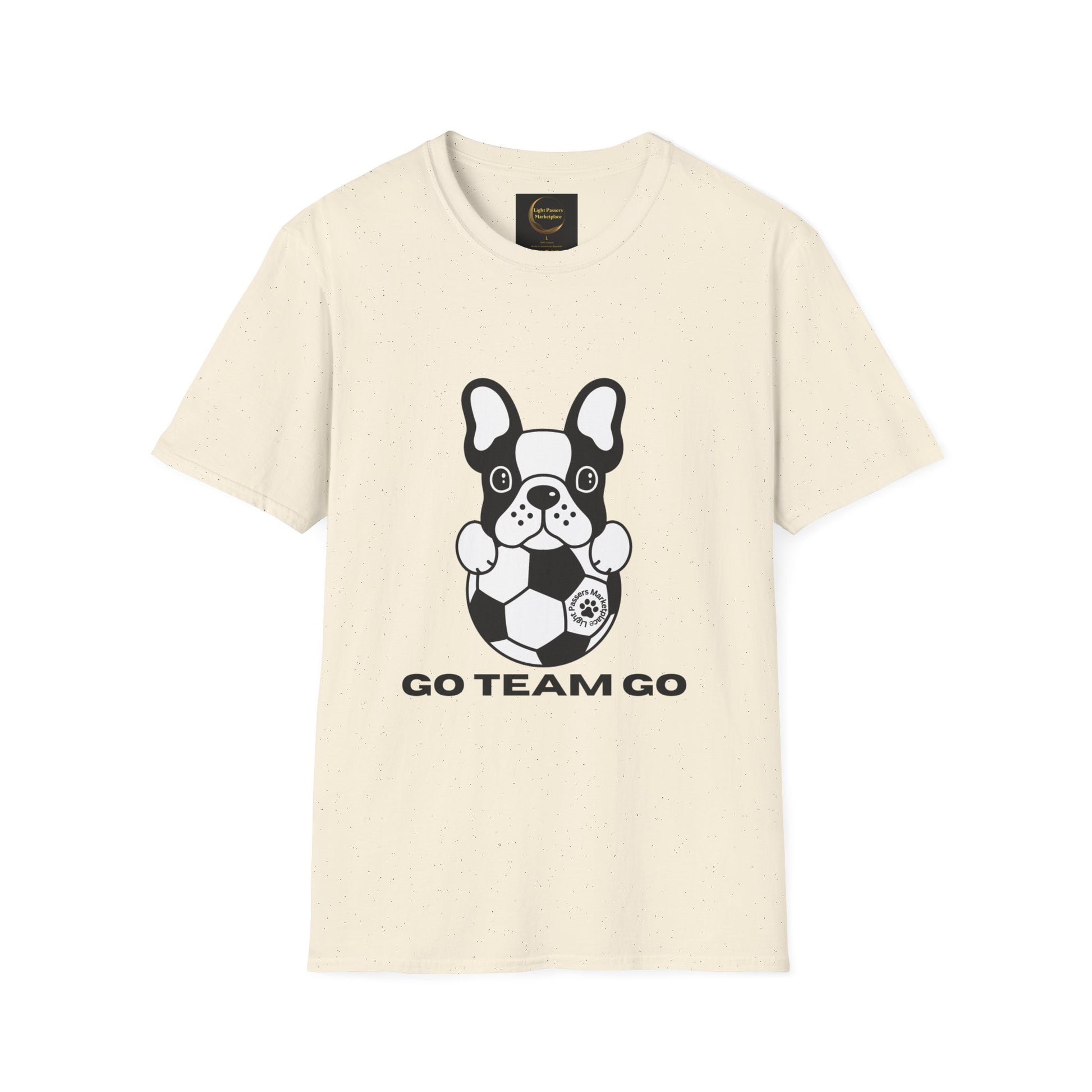 A white unisex t-shirt featuring a black and white dog with a football, made of 100% ring-spun cotton. Classic fit, crew neckline, tear-away label, ethically sourced US cotton.