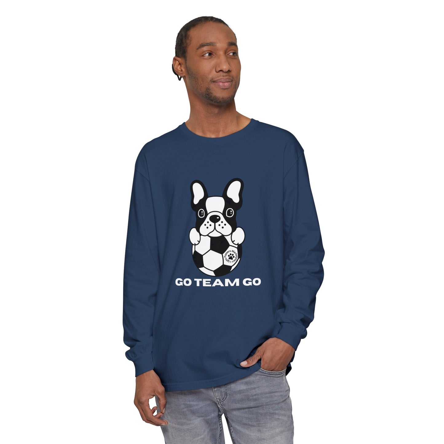 Teams Soccer Dog Adult Unisex Garment-dyed Long Sleeve features a relaxed fit with a dog and football design, crafted from soft, 100% ring-spun cotton.