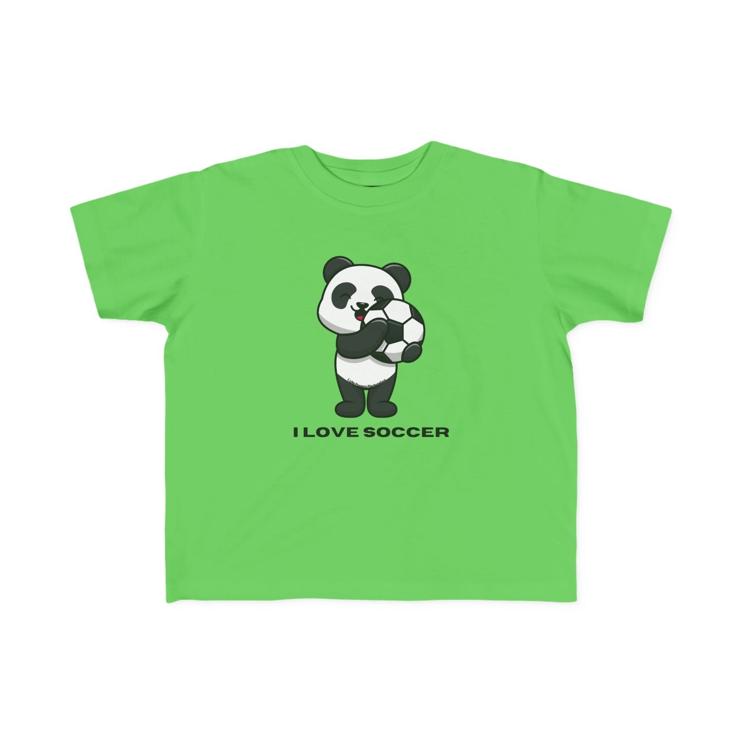 A toddler's green tee featuring a cartoon panda holding a football ball. Made of 100% combed cotton, light fabric, durable print, tear-away label, and a classic fit.