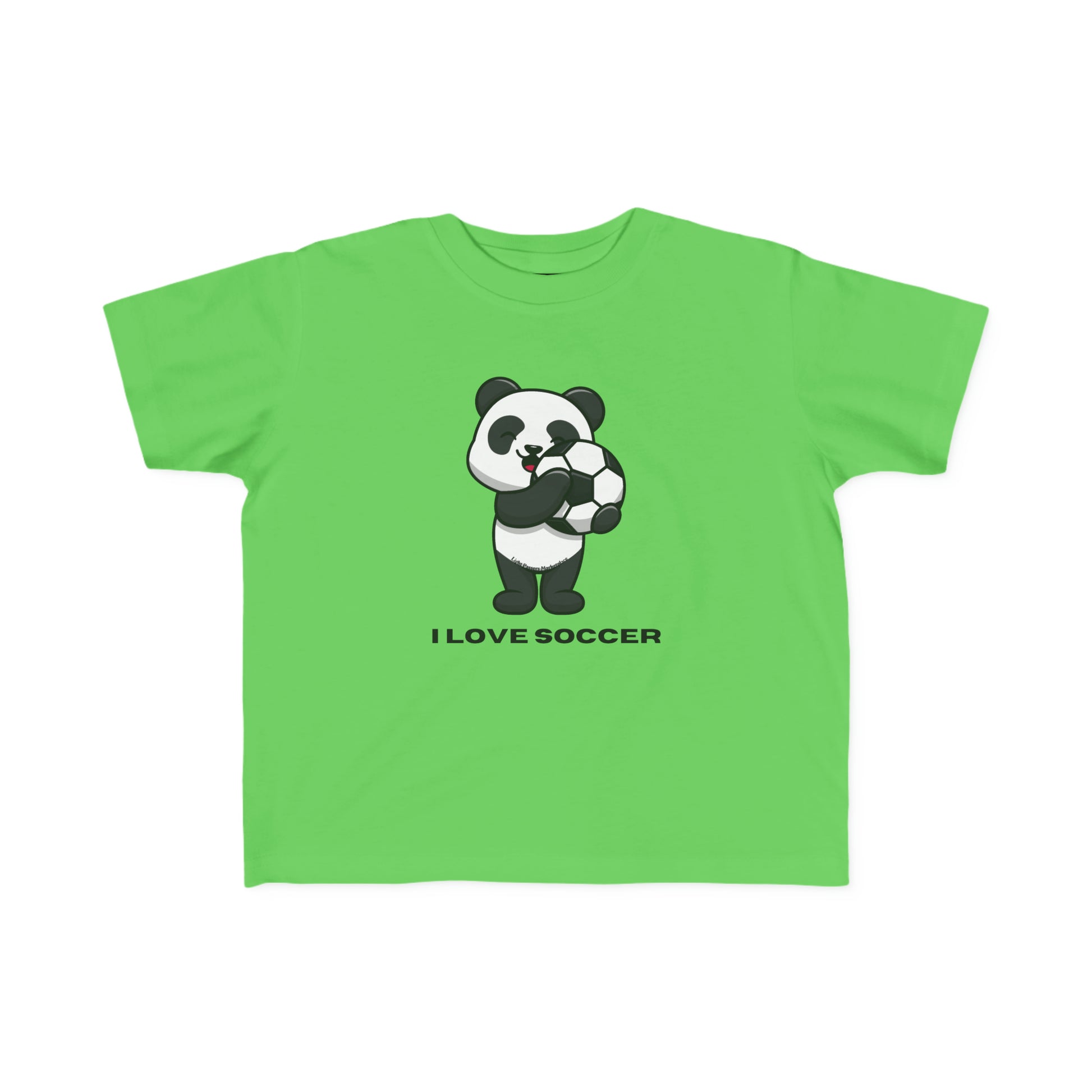 A toddler's green tee featuring a cartoon panda holding a football ball. Made of 100% combed cotton, light fabric, durable print, tear-away label, and a classic fit.