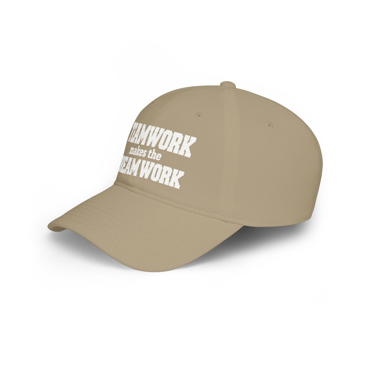 Khaki baseball cap with 'Teamwork makes the Dream Work' graphic on front