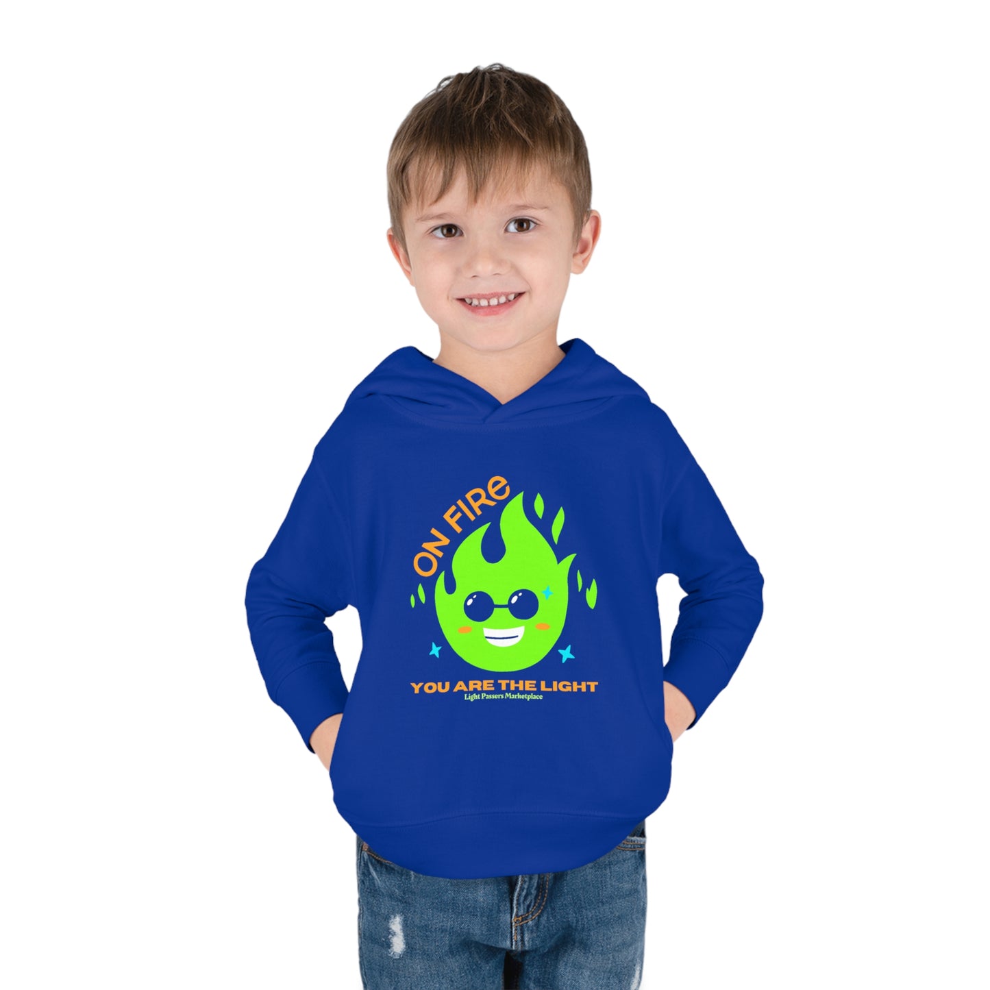 A toddler in a blue hoodie with a green flame design and sunglasses, showcasing side seam pockets and cover-stitched details for durability and comfort.