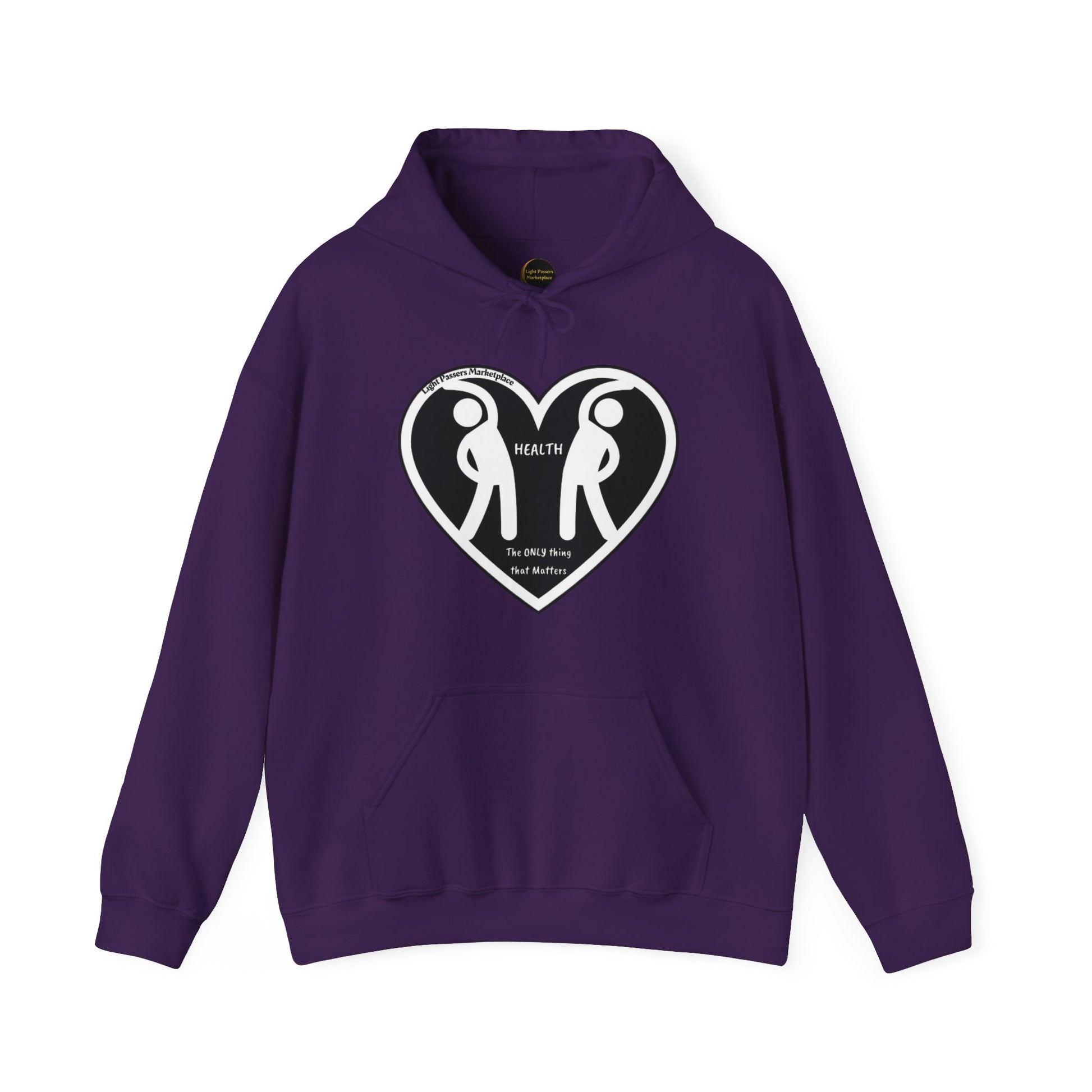 A purple hoodie featuring two white figures in a heart shape, made of 50% cotton and 50% polyester for a cozy, warm feel. Includes a kangaroo pocket and color-matched drawstring for style.